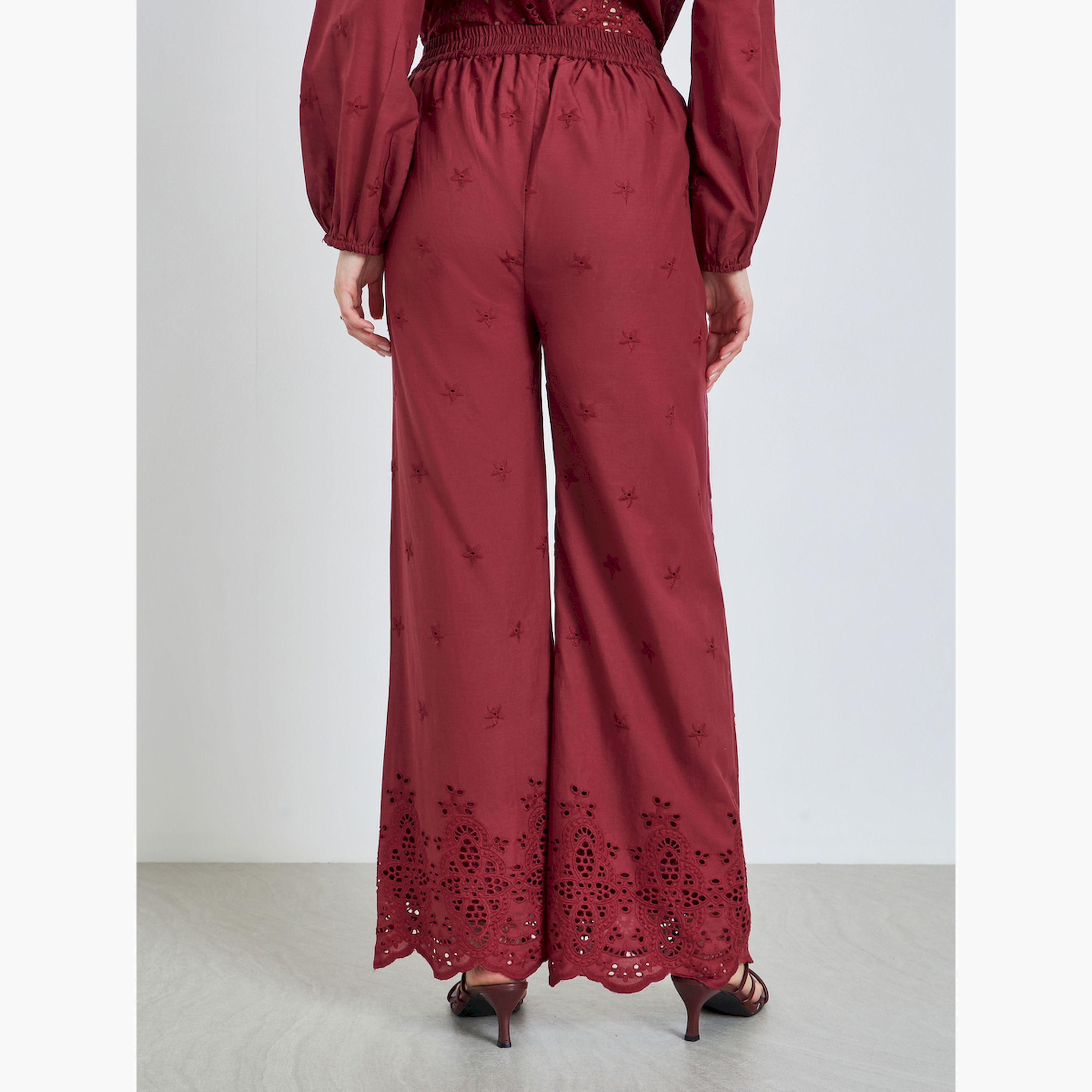Styli Women Burgundy Schiffli Wide Leg Pants-women-clothing-bottoms-trousers-image-4