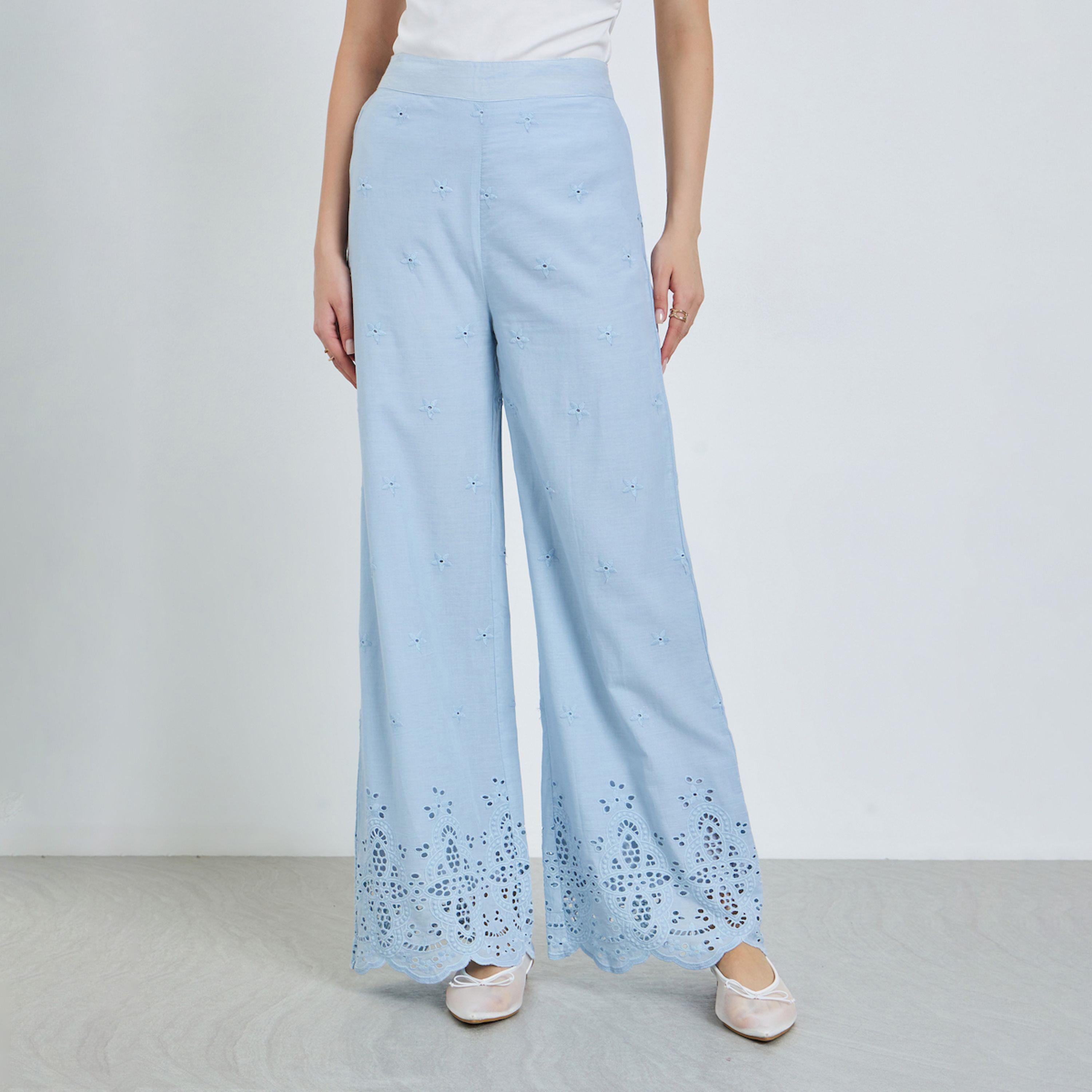 Styli Women Blue Schiffli Wide Leg Pants-women-clothing-bottoms-trousers-image-1