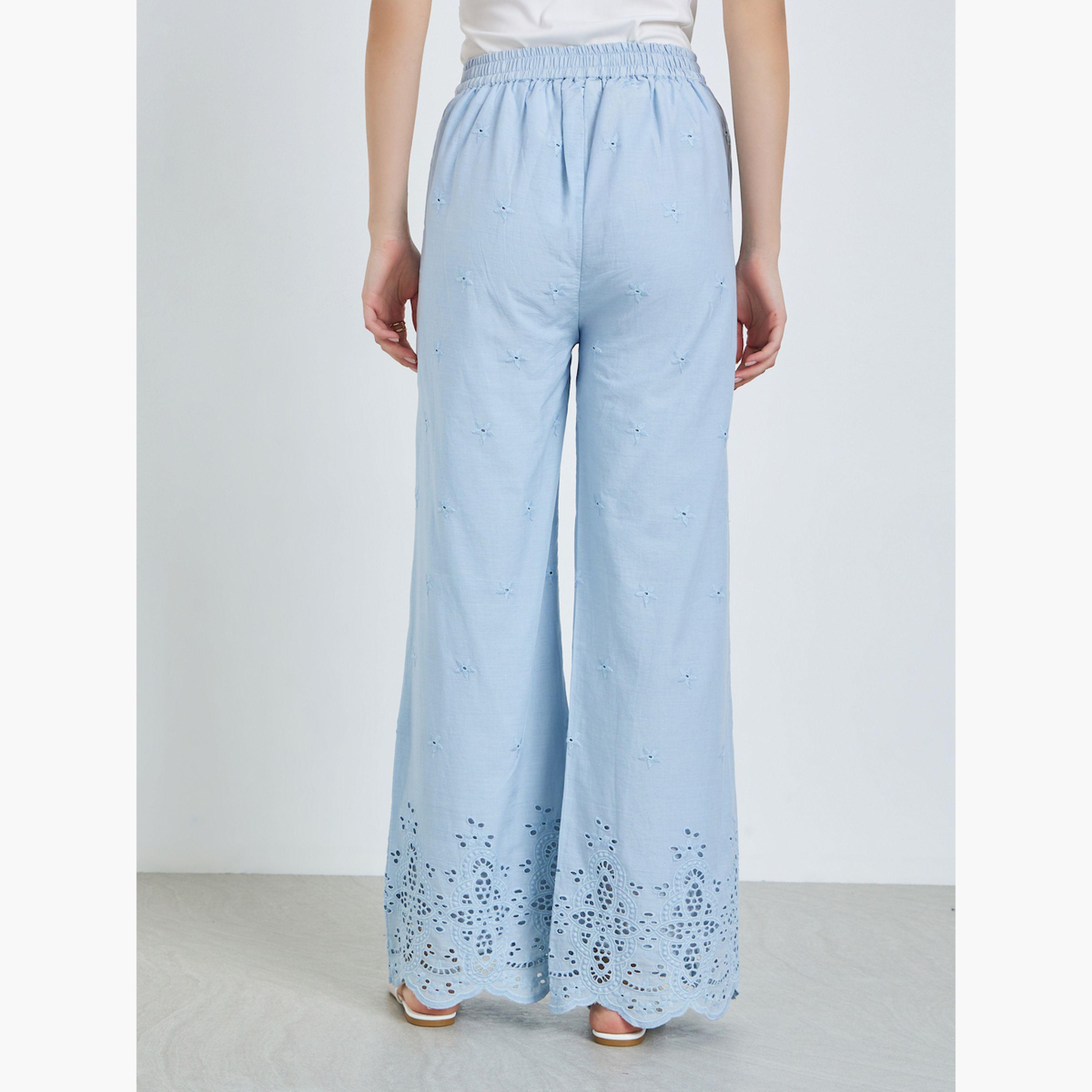 Styli Women Blue Schiffli Wide Leg Pants-women-clothing-bottoms-trousers-image-4