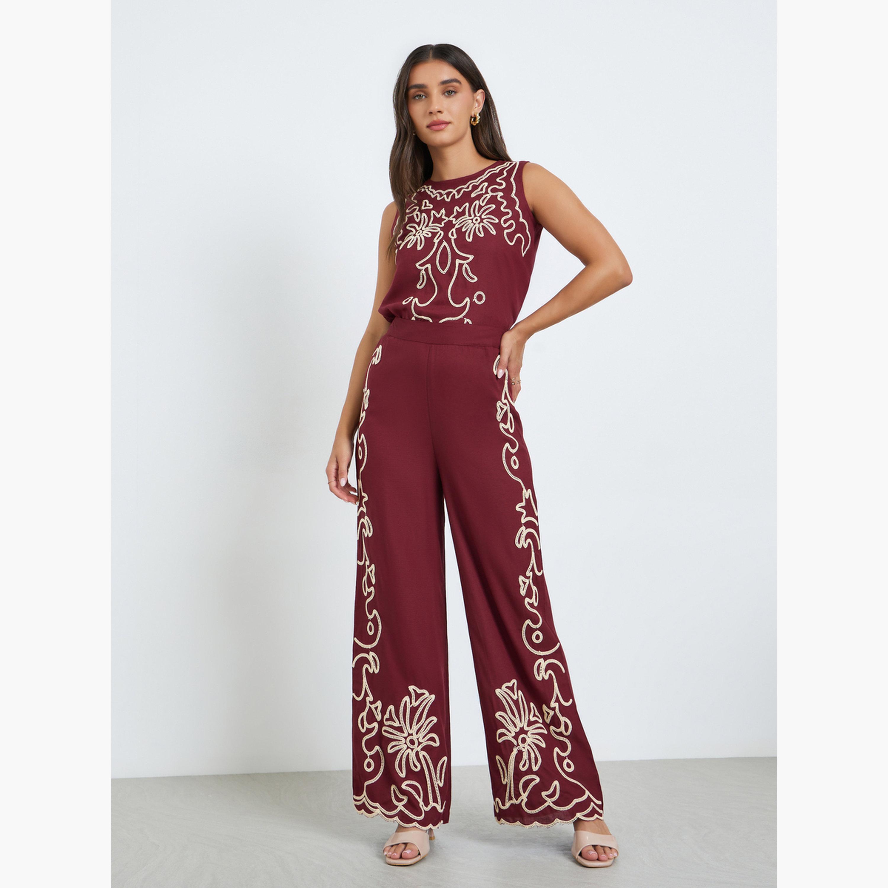 بنطال بأرجل واسعة وتفاصيل مُطرّزة-women-clothing-bottoms-trousers-image-2