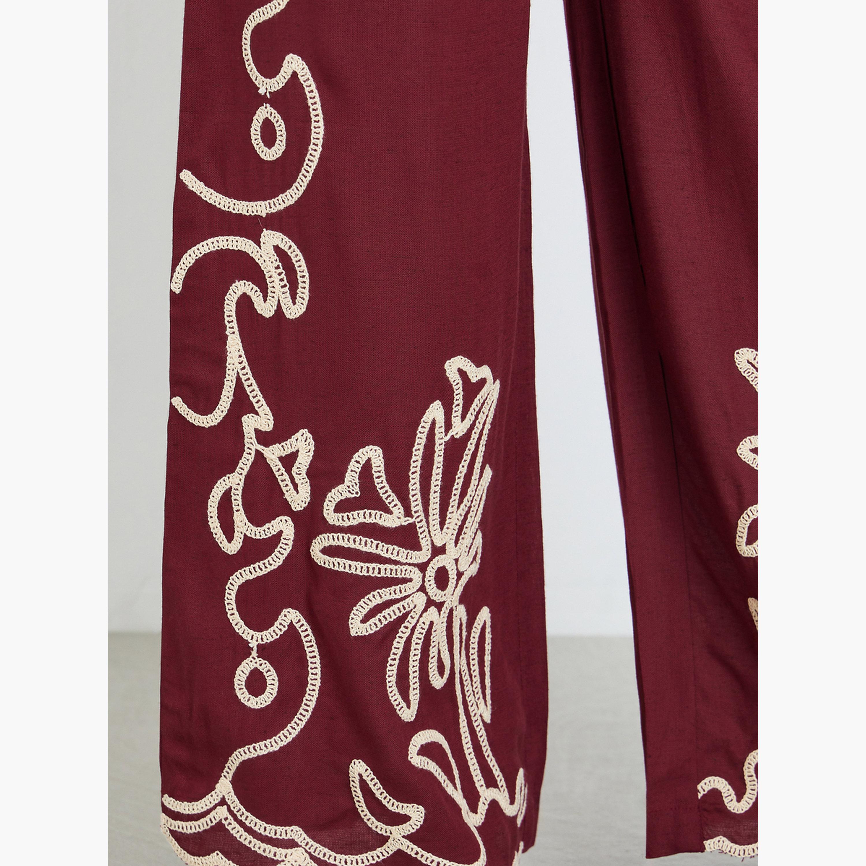 Styli Women Burgundy Embroidered Wide Leg Trousers-women-clothing-bottoms-trousers-image-4