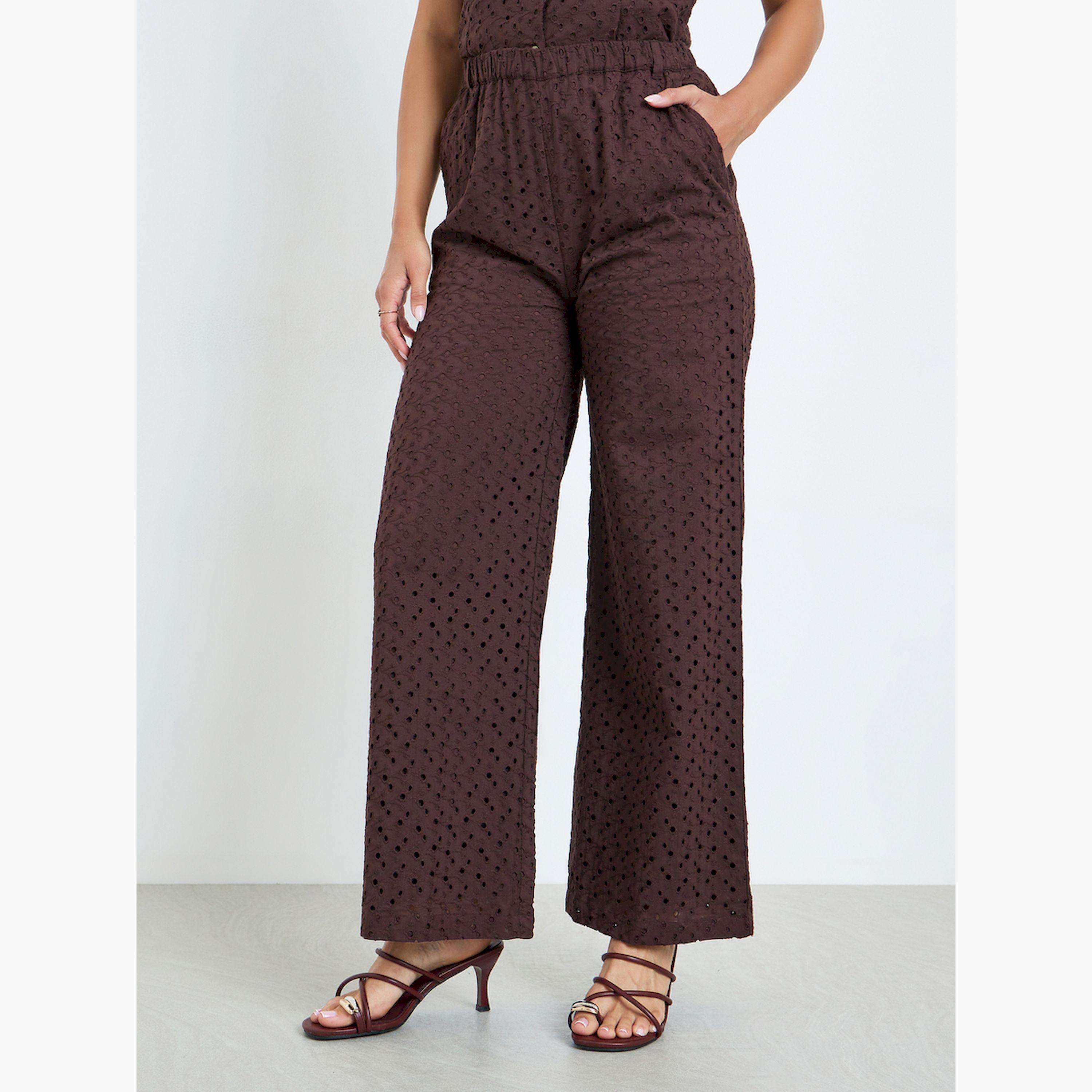 Styli Women Brown Wide leg Cotton Schiffli Trousers-women-clothing-bottoms-trousers-image-1
