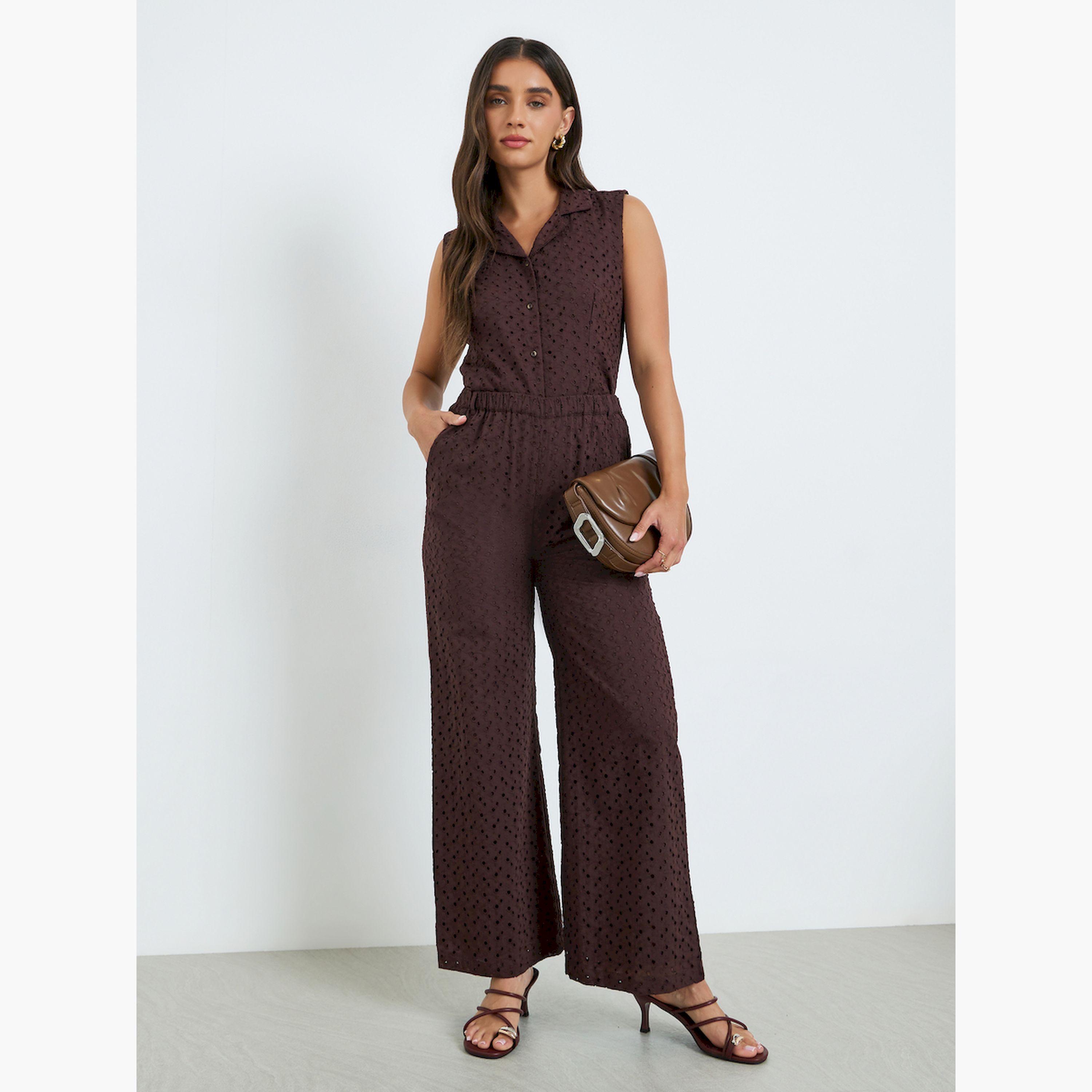 Styli Women Brown Wide leg Cotton Schiffli Trousers-women-clothing-bottoms-trousers-image-2