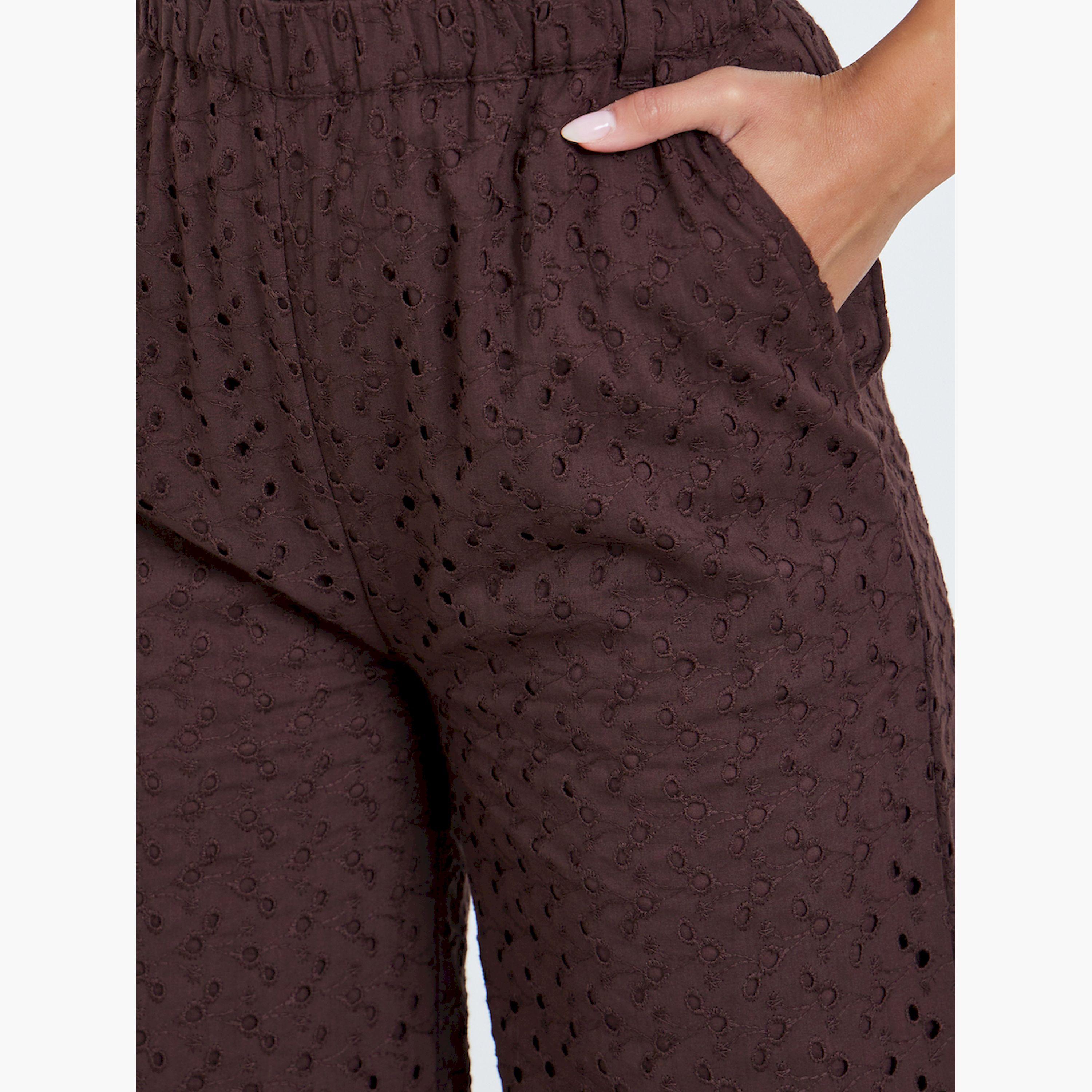 Styli Women Brown Wide leg Cotton Schiffli Trousers-women-clothing-bottoms-trousers-image-3