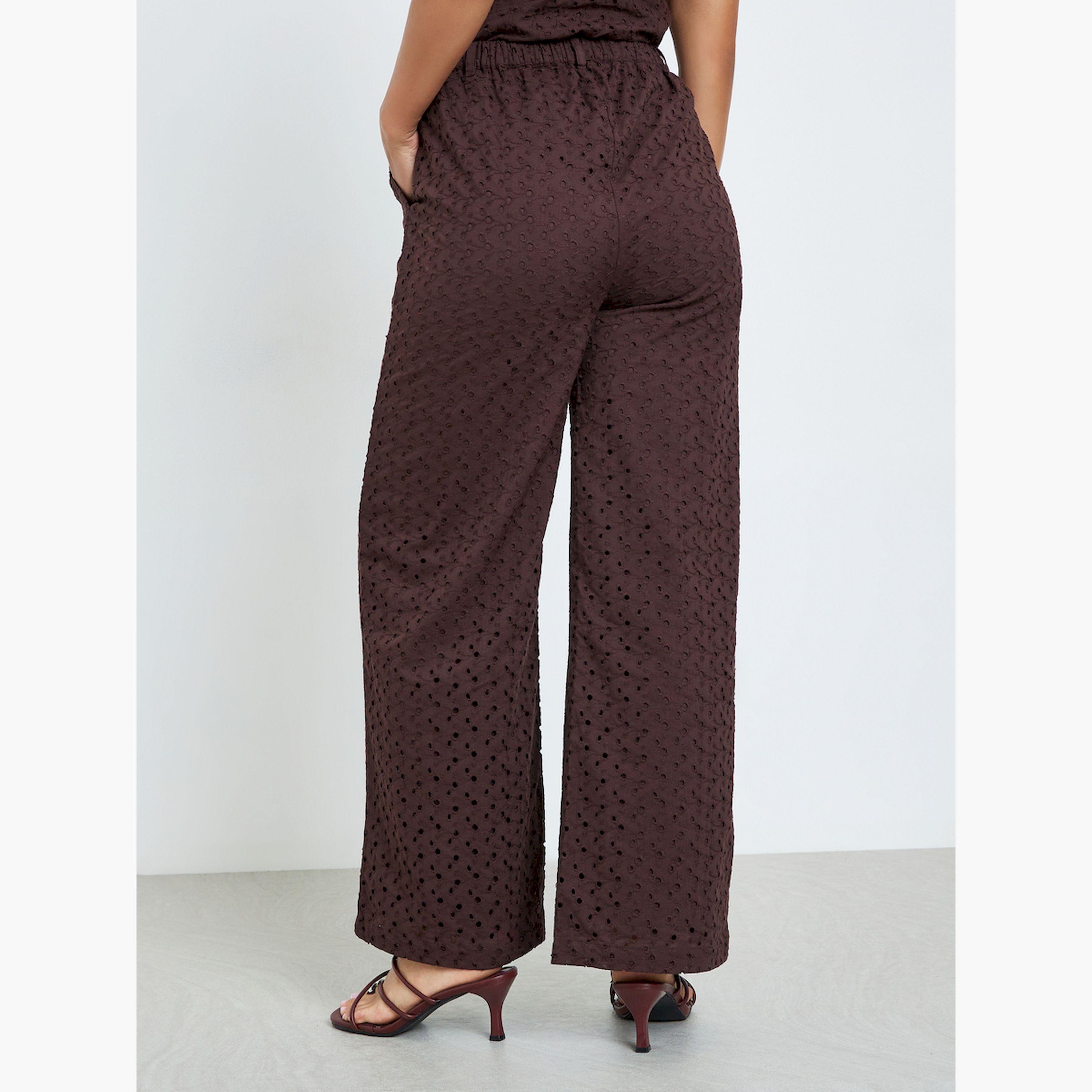 Styli Women Brown Wide leg Cotton Schiffli Trousers-women-clothing-bottoms-trousers-image-4