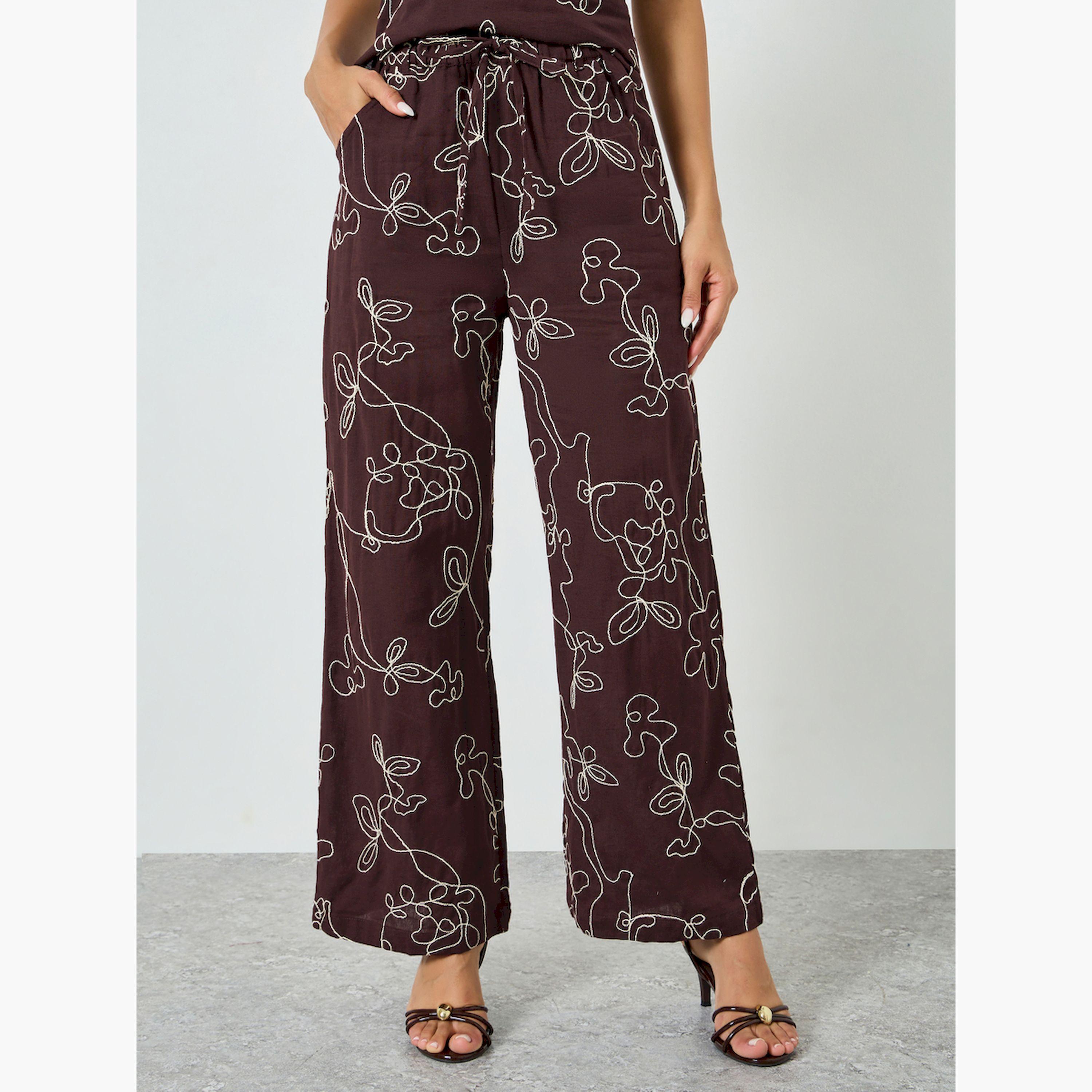 Styli Brown Embroidered Wide Leg Pants-women-clothing-bottoms-trousers-image-1