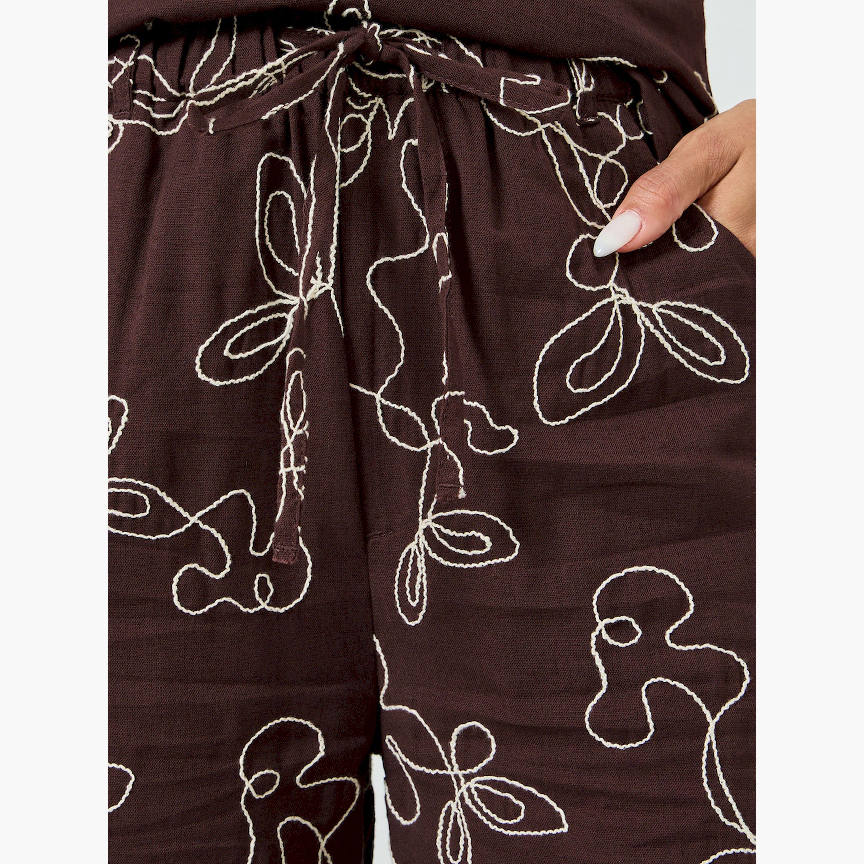 Styli Brown Embroidered Wide Leg Pants-women-clothing-bottoms-trousers-image-3