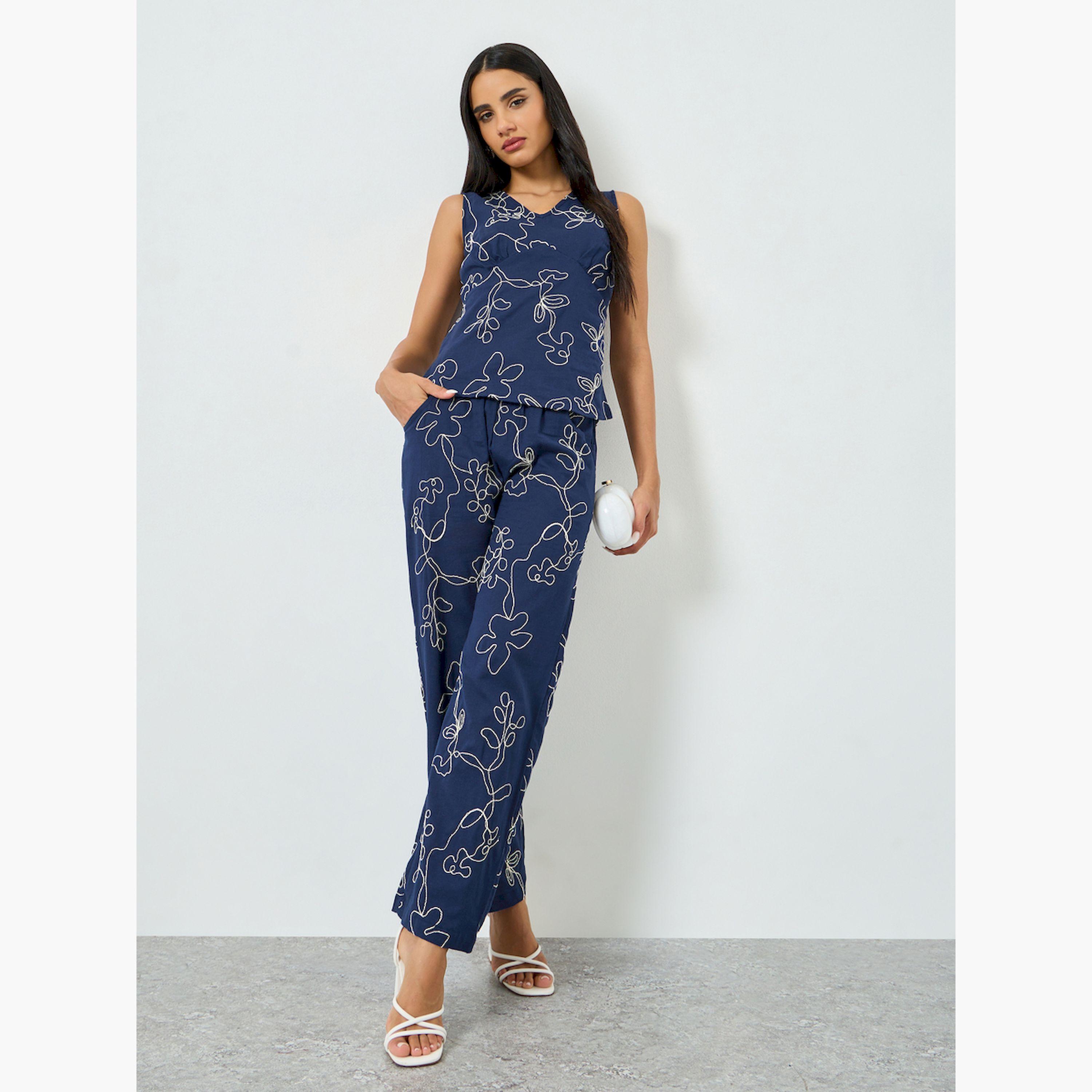 Styli Navy Blue Embroidered Wide Leg Pants-women-clothing-bottoms-trousers-image-2
