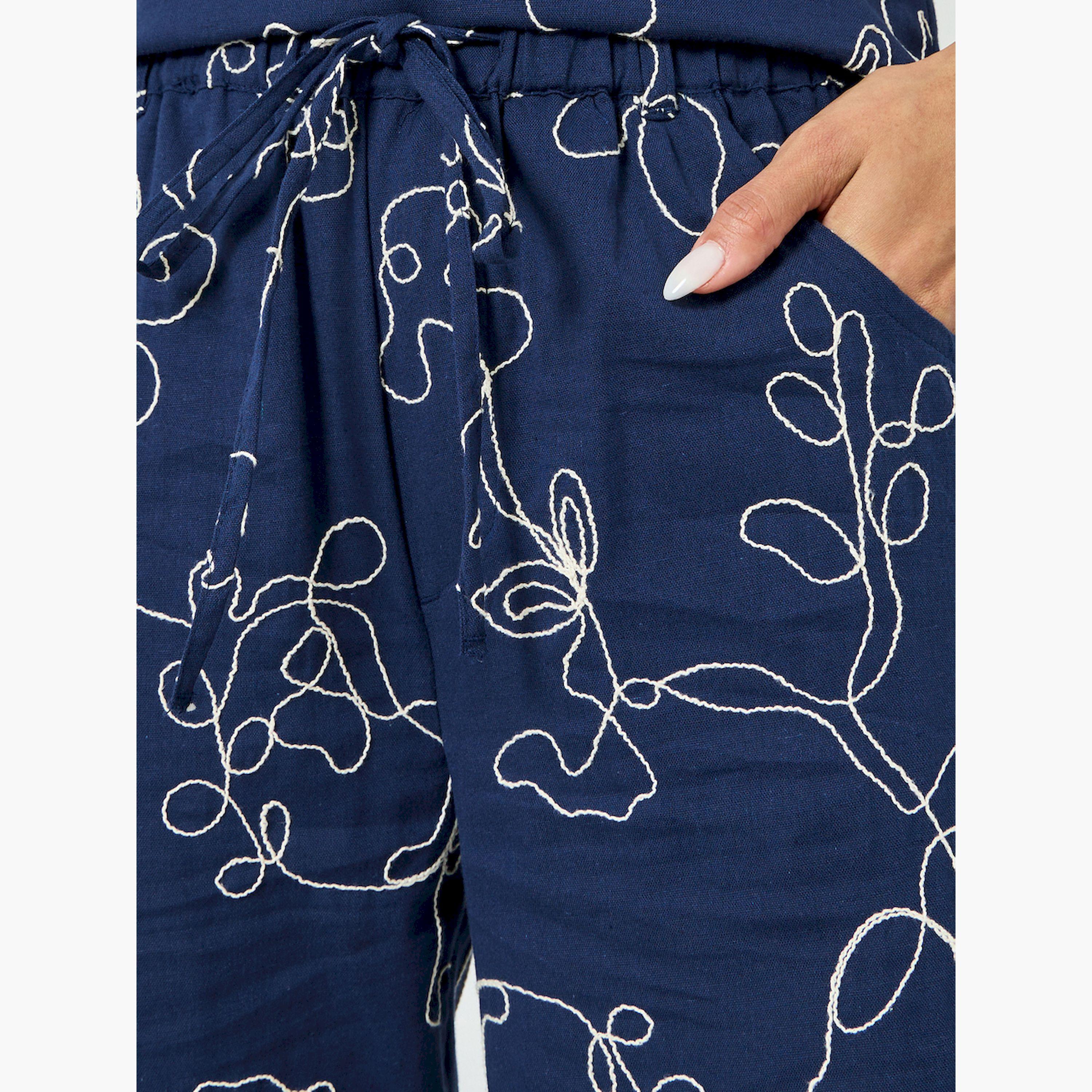 Styli Navy Blue Embroidered Wide Leg Pants-women-clothing-bottoms-trousers-image-3