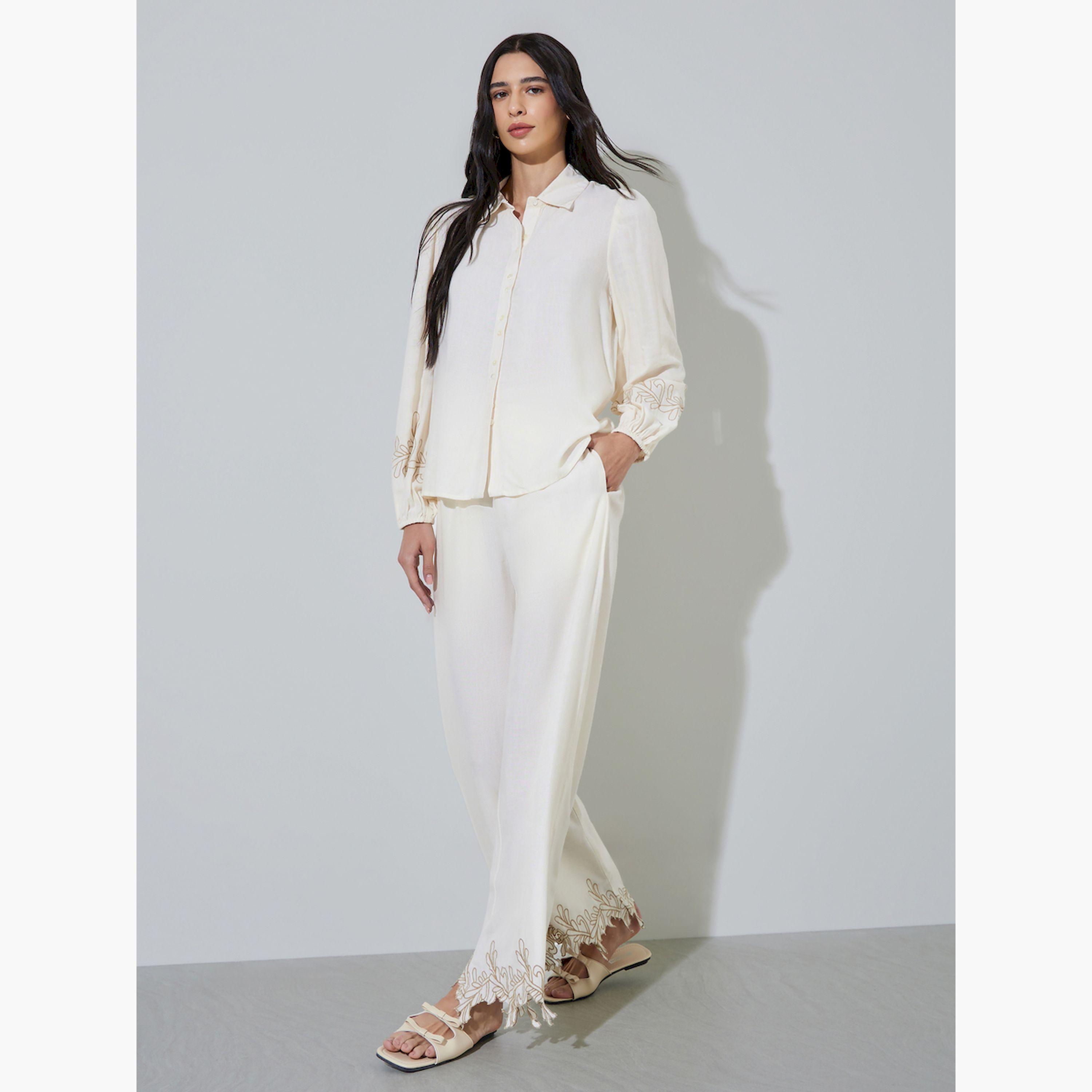 Styli Off White Embroidered Hem Straight Leg Pants-women-clothing-bottoms-joggers-image-2