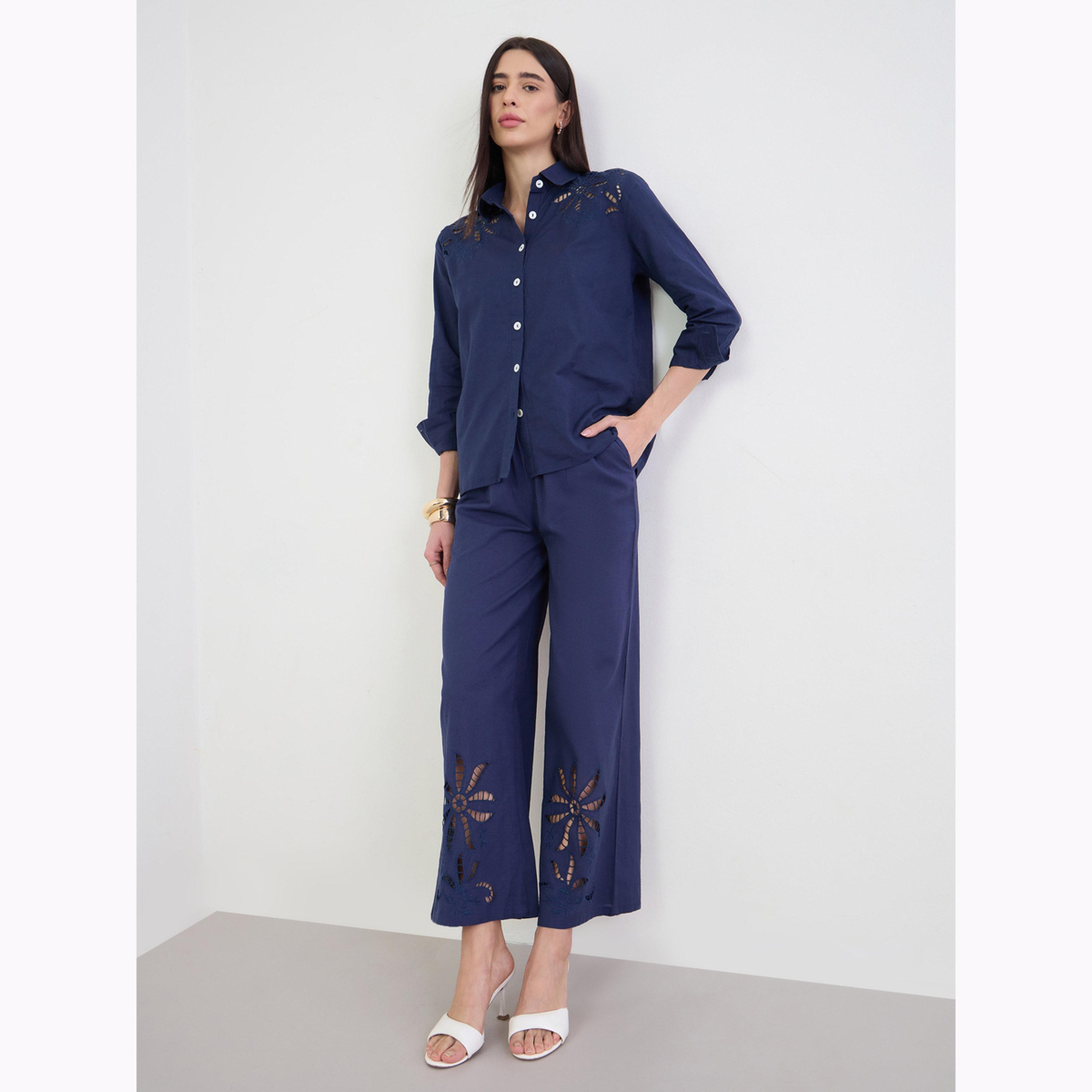Styli Navy Blue Wide Leg Cotton Schiffli Pants With Elasticated Waist-women-clothing-bottoms-joggers-image-2