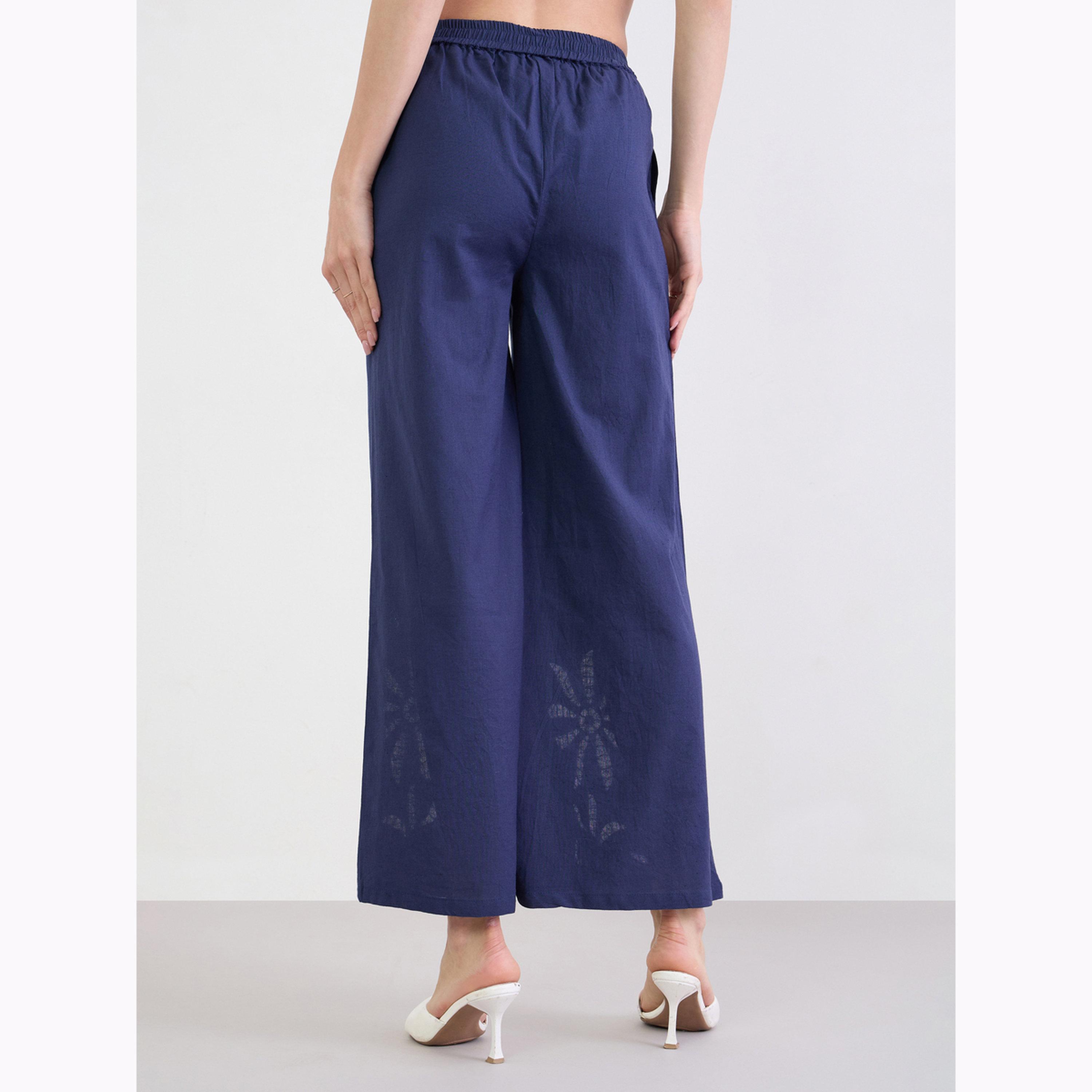 Styli Navy Blue Wide Leg Cotton Schiffli Pants With Elasticated Waist-women-clothing-bottoms-joggers-image-4