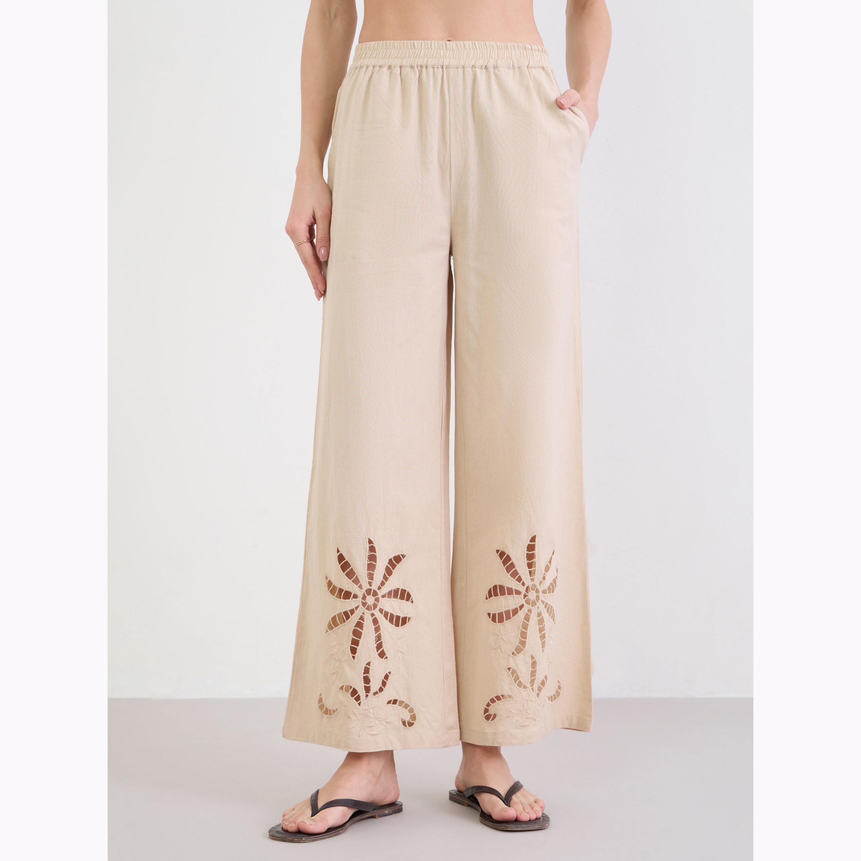 Styli Beige Schiffli Detail Wide Leg Pants-women-clothing-bottoms-joggers-image-1