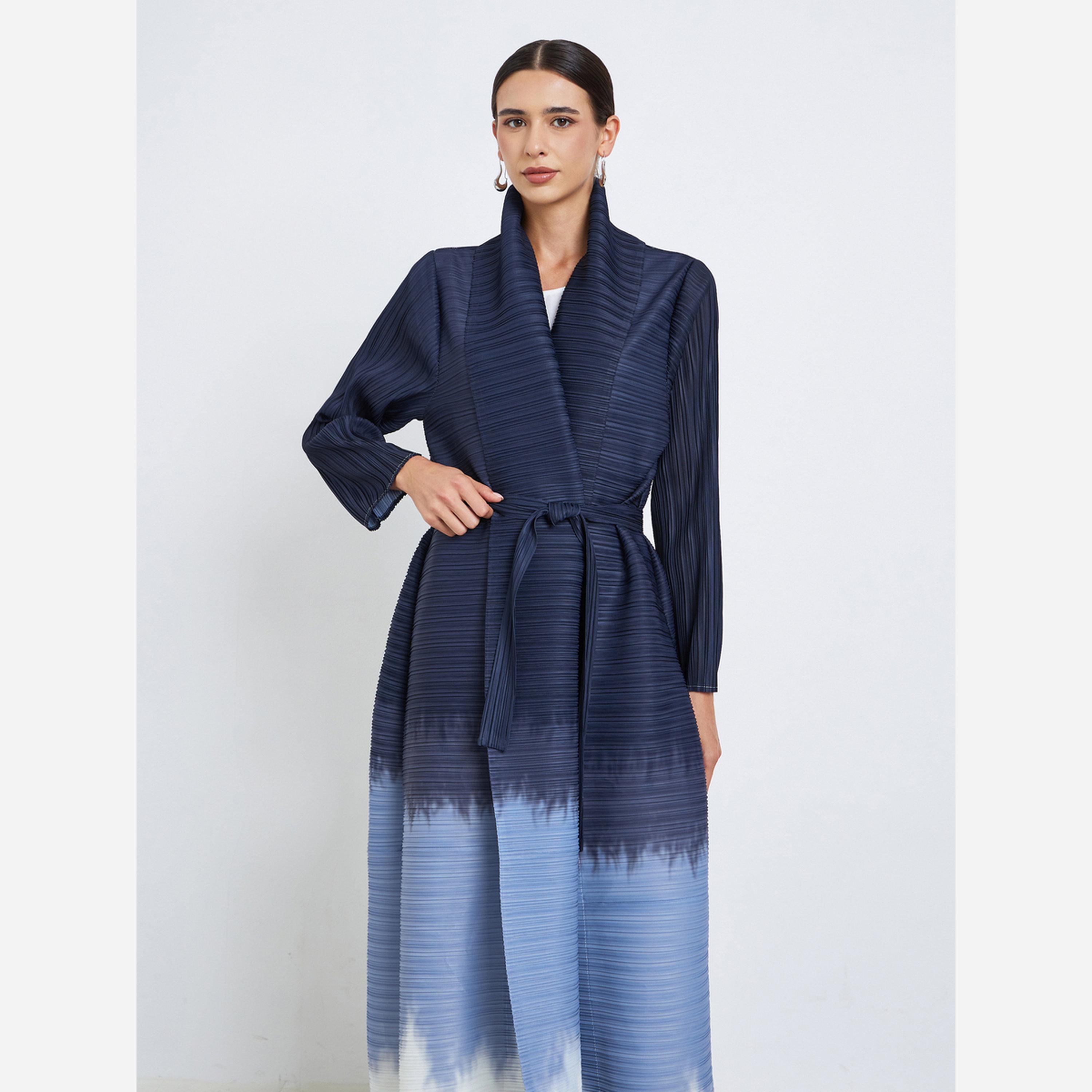 Take Two Color Blocked Textured Pleated Belted Long Sleeve Abaya-women-arabicclothing-abayas-image-3