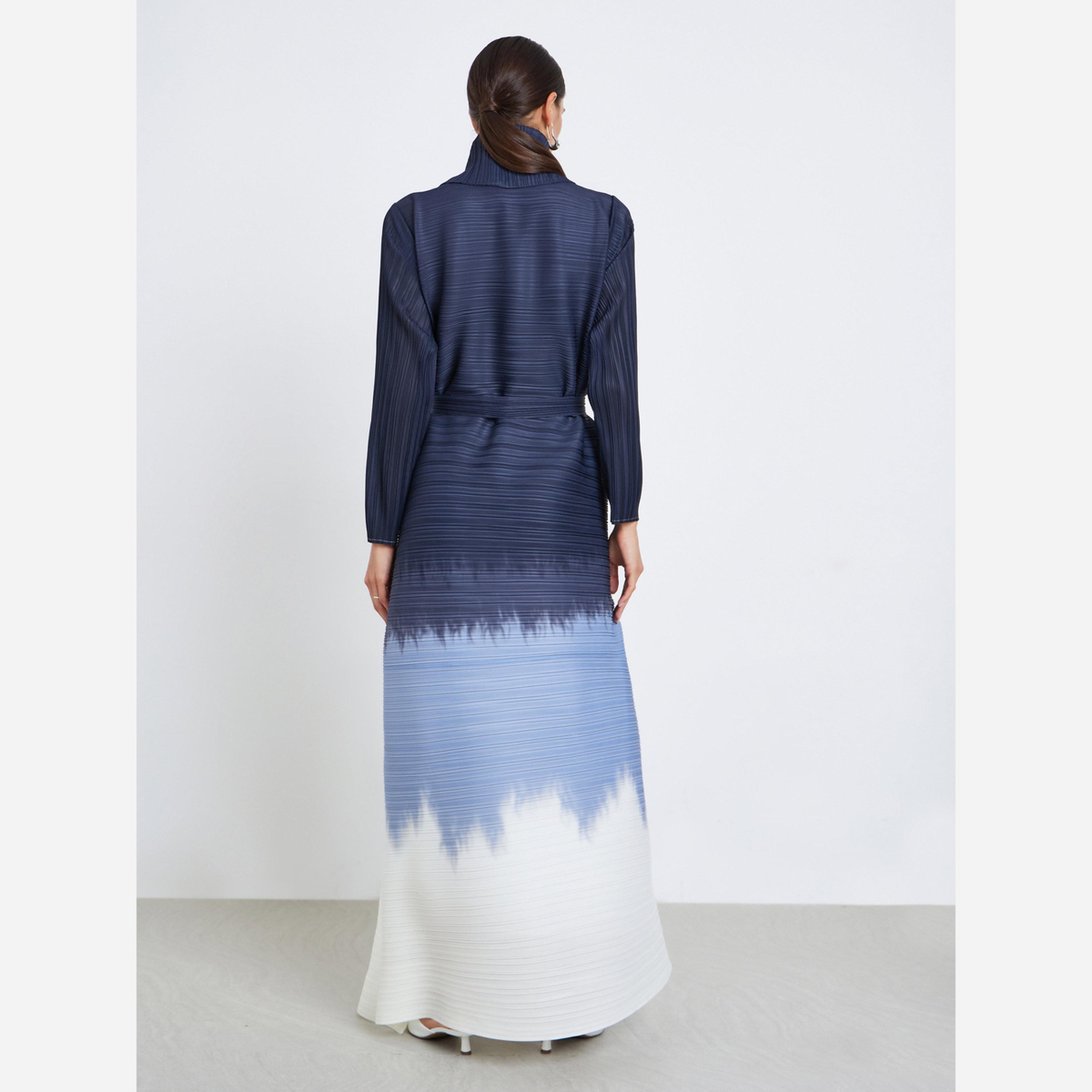 Take Two Color Blocked Textured Pleated Belted Long Sleeve Abaya-women-arabicclothing-abayas-image-4