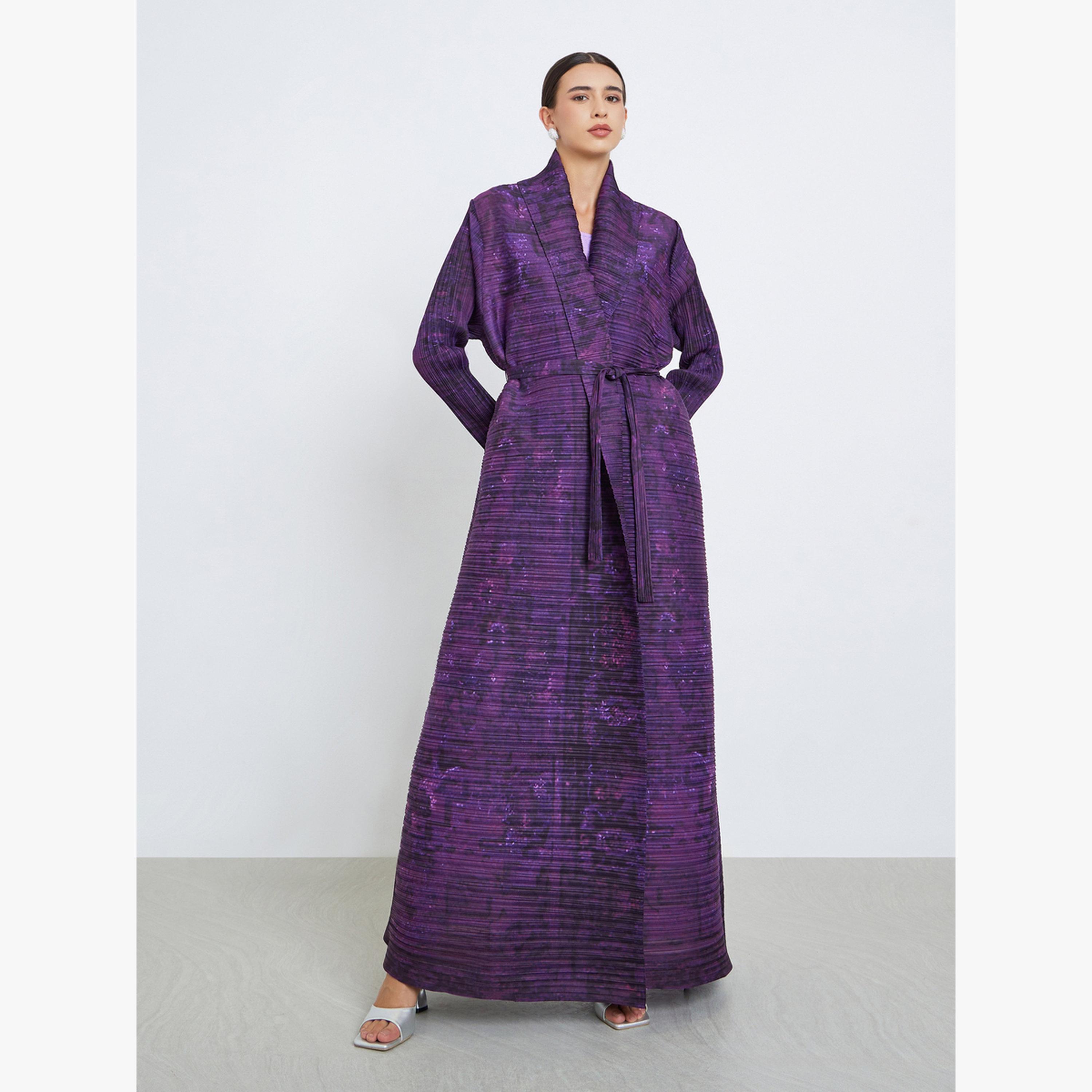Take Two Solid Textured Pleated Belted Long Sleeve Abaya-women-arabicclothing-abayas-image-2