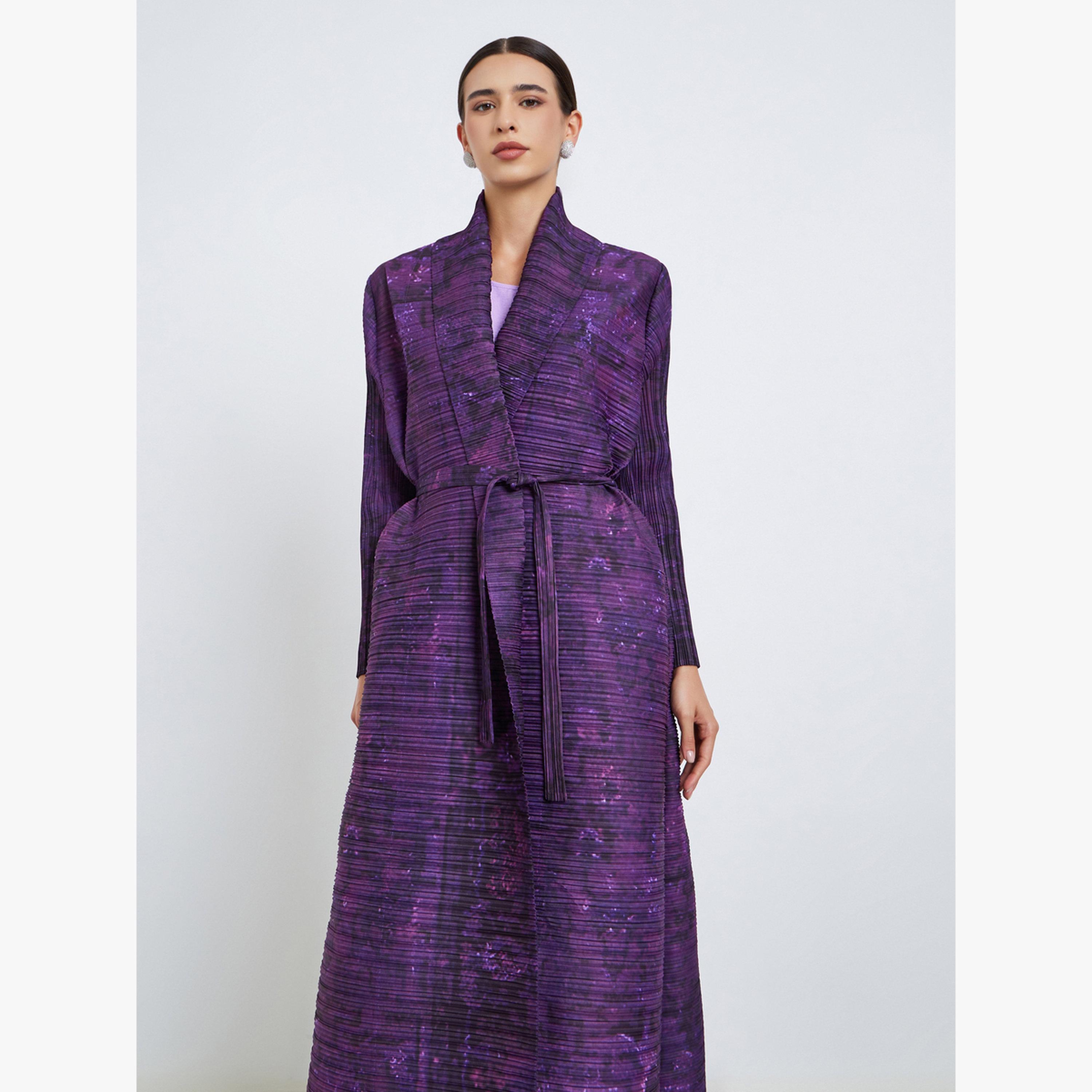 Take Two Solid Textured Pleated Belted Long Sleeve Abaya-women-arabicclothing-abayas-image-3