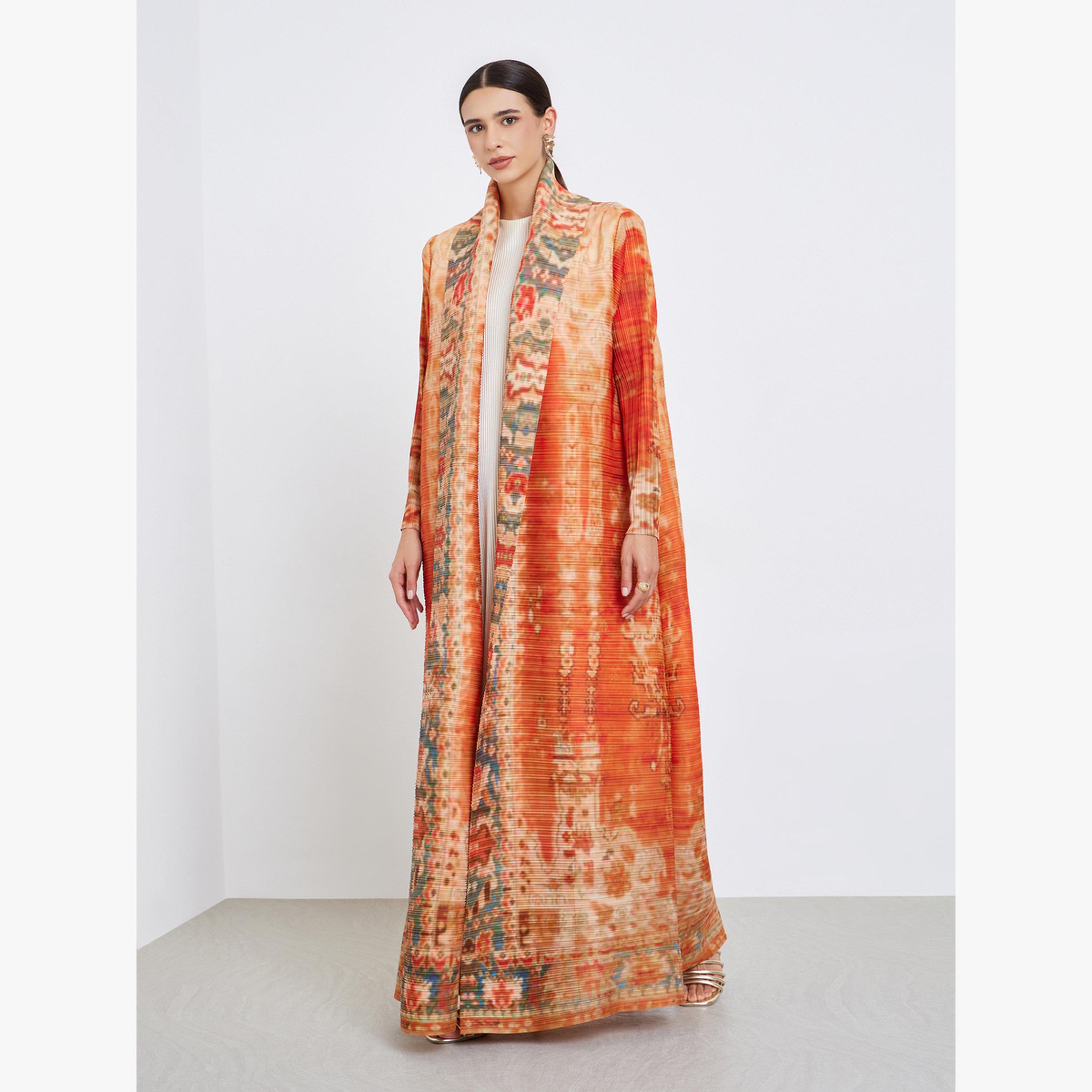 عباية محبوكة بكسرات بطبعة كاملة وأكمام طويلة-women-arabicclothing-abayas-image-1