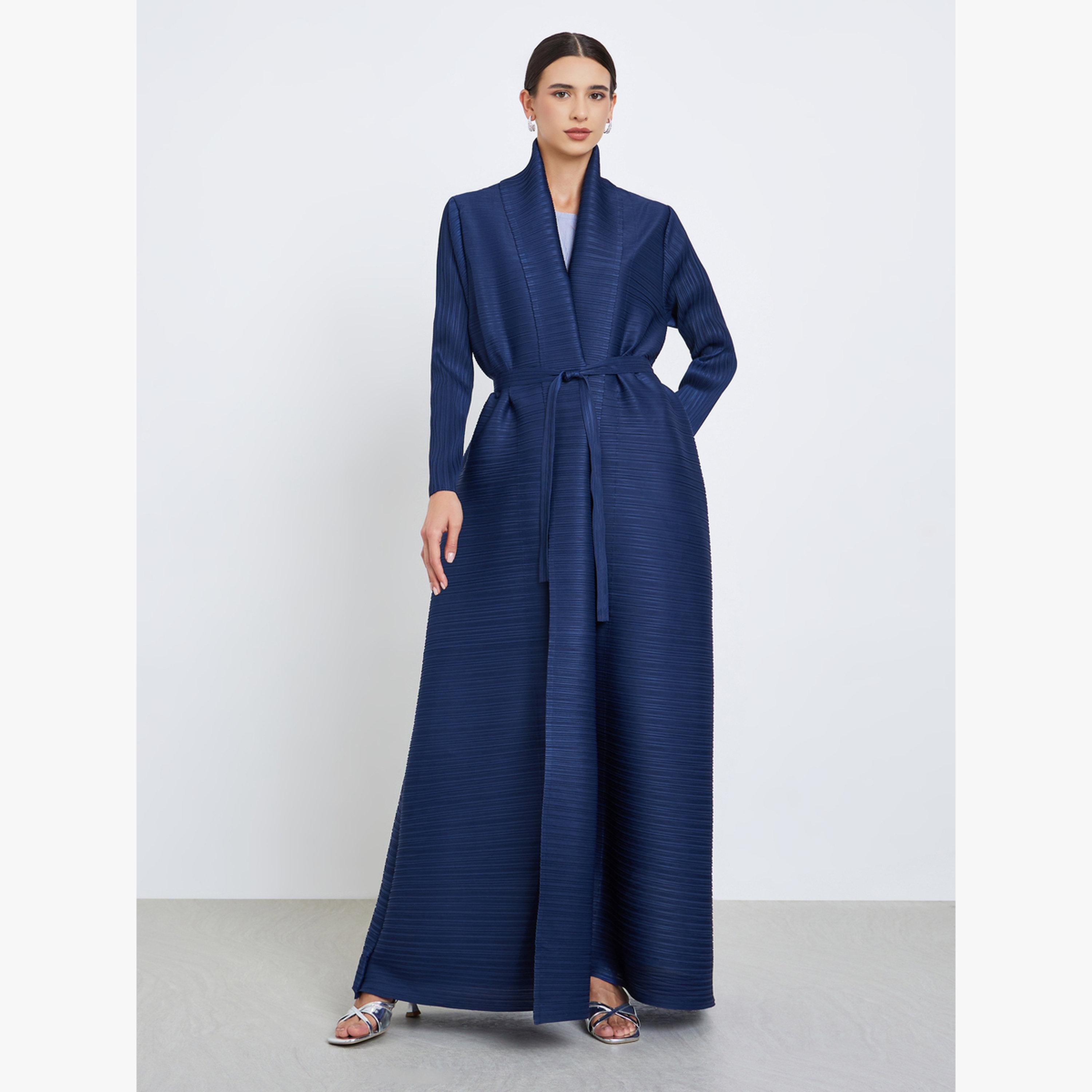 Take Two Solid Textured Pleated Belted Long Sleeve Abaya-women-arabicclothing-abayas-image-2