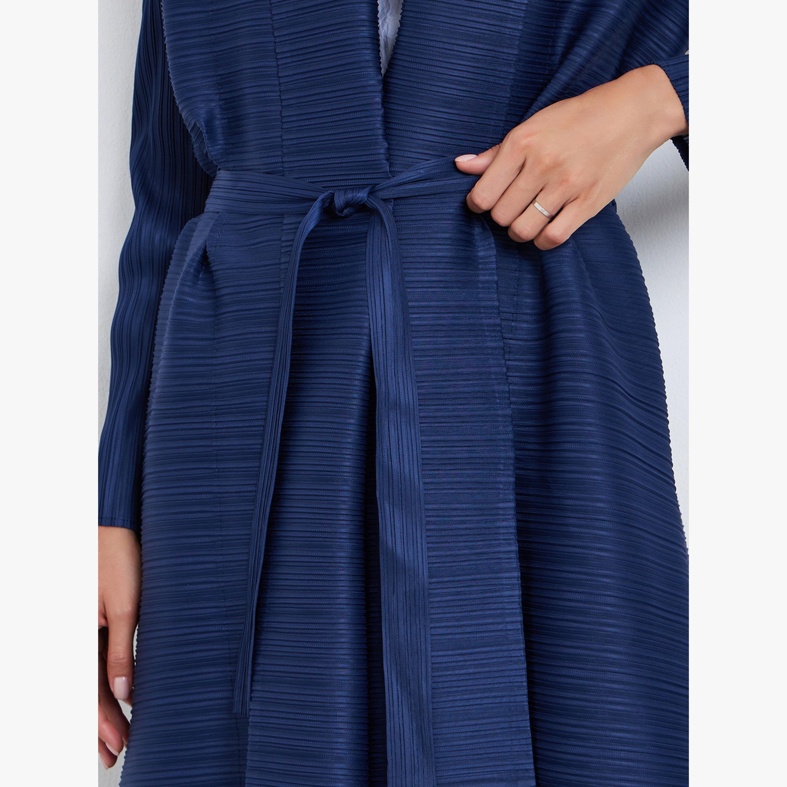 Take Two Solid Textured Pleated Belted Long Sleeve Abaya-women-arabicclothing-abayas-image-4