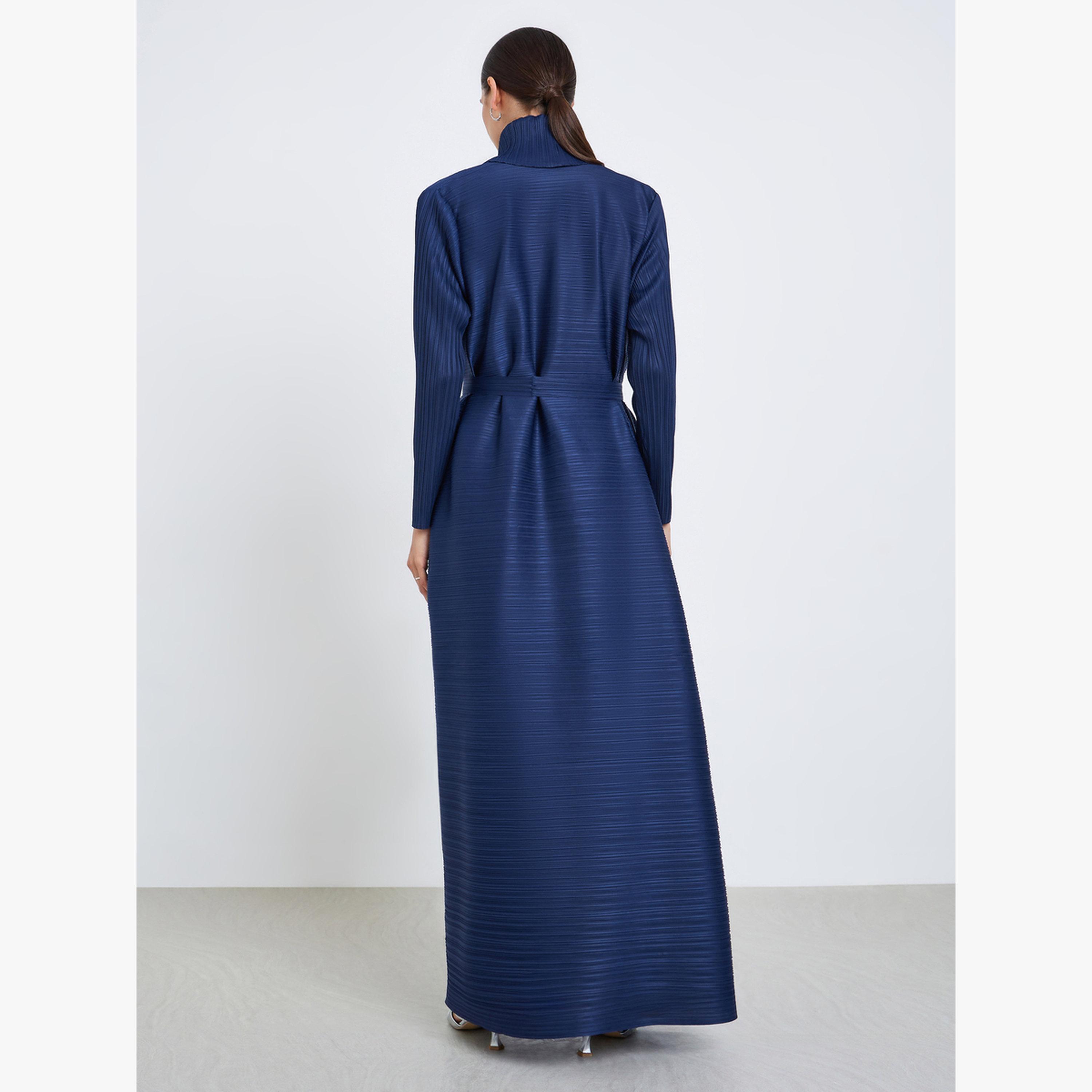 Take Two Solid Textured Pleated Belted Long Sleeve Abaya-women-arabicclothing-abayas-image-5
