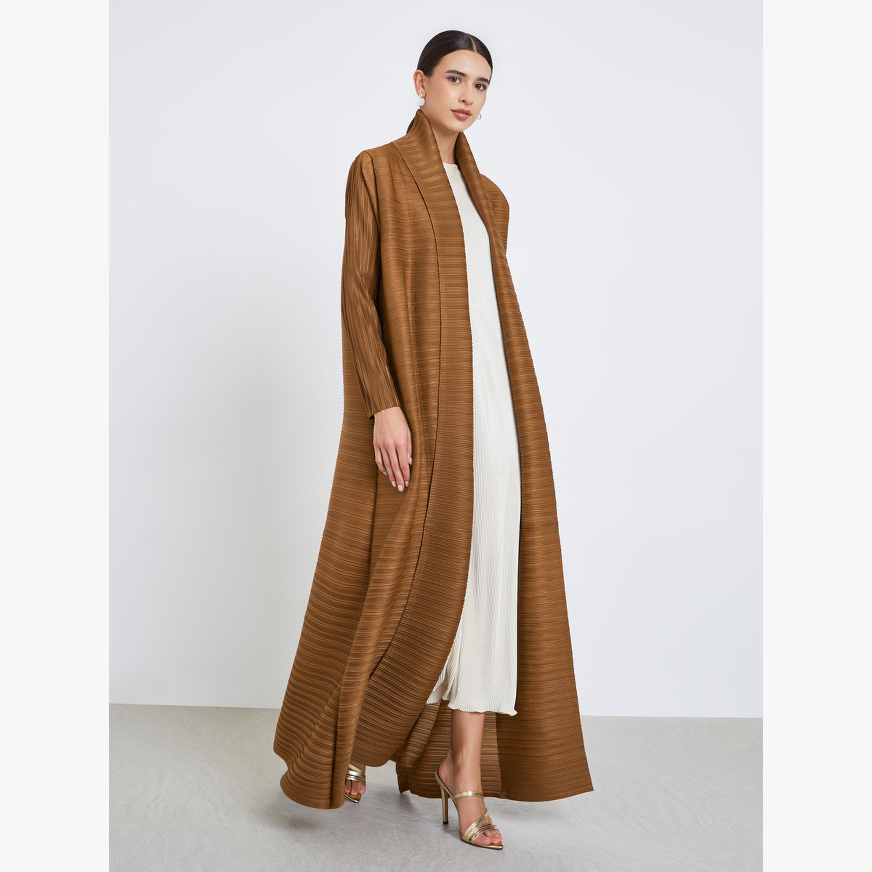 Take Two Solid Textured Pleated Belted Long Sleeve Abaya-women-arabicclothing-abayas-image-1