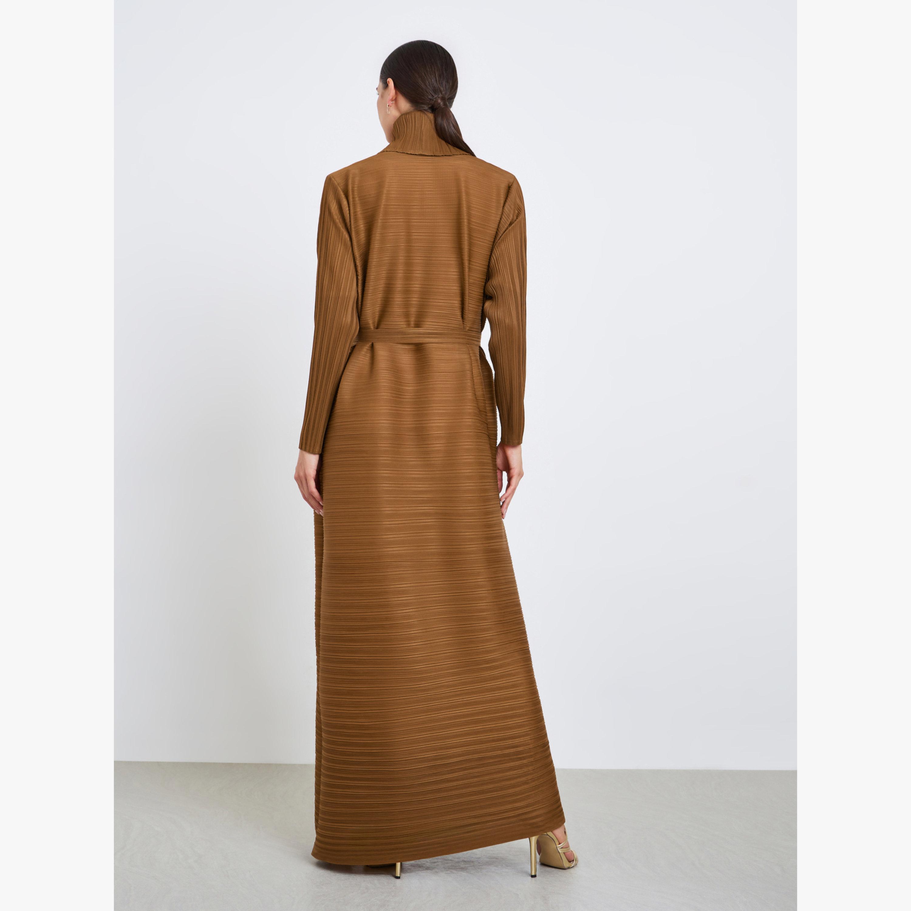 Take Two Solid Textured Pleated Belted Long Sleeve Abaya-women-arabicclothing-abayas-image-5