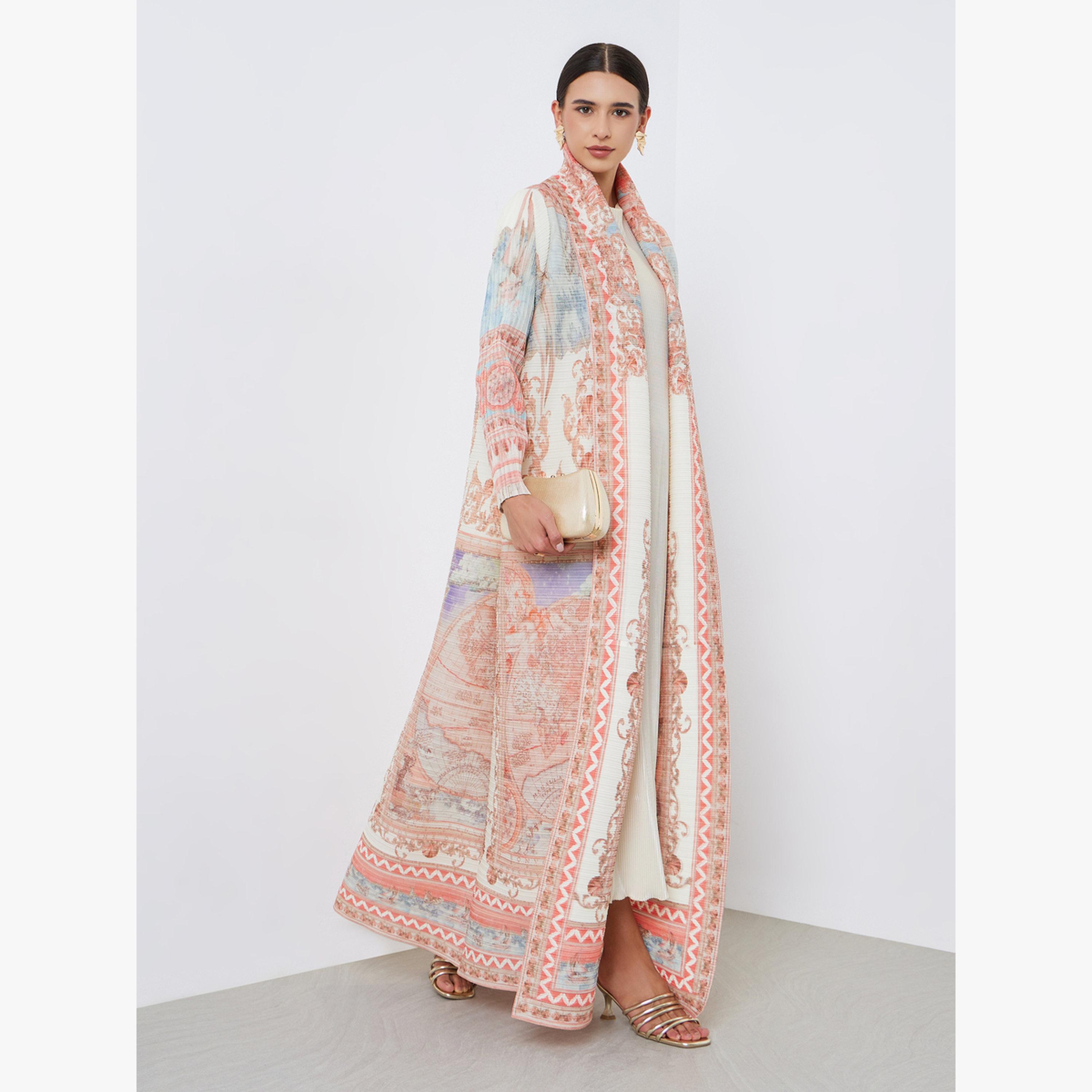 عباية محبوكة بكسرات بطبعة كاملة وأكمام طويلة-women-arabicclothing-abayas-image-1
