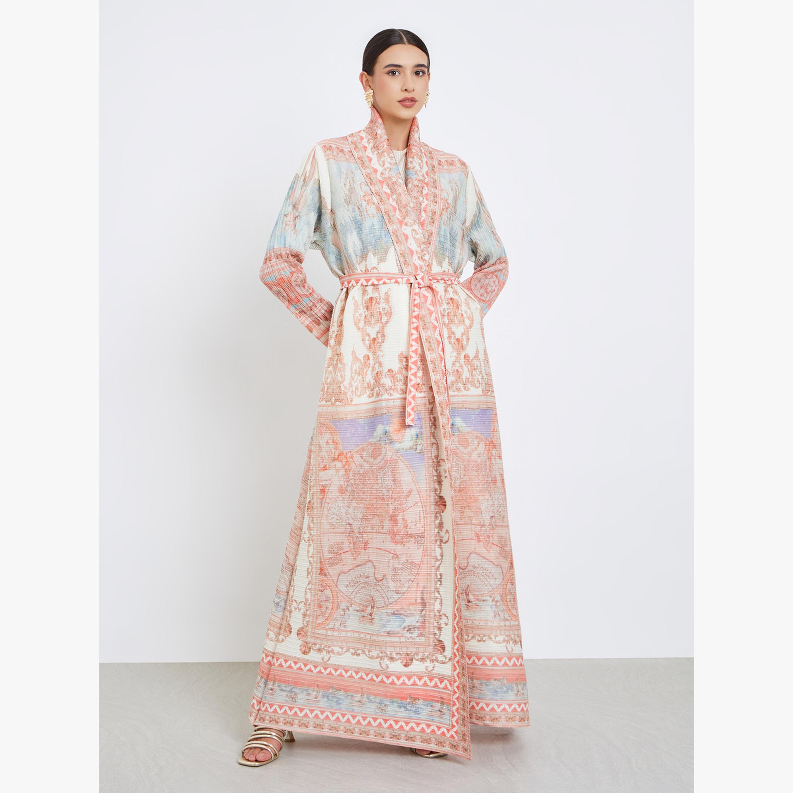 عباية محبوكة بكسرات بطبعة كاملة وأكمام طويلة-women-arabicclothing-abayas-image-2