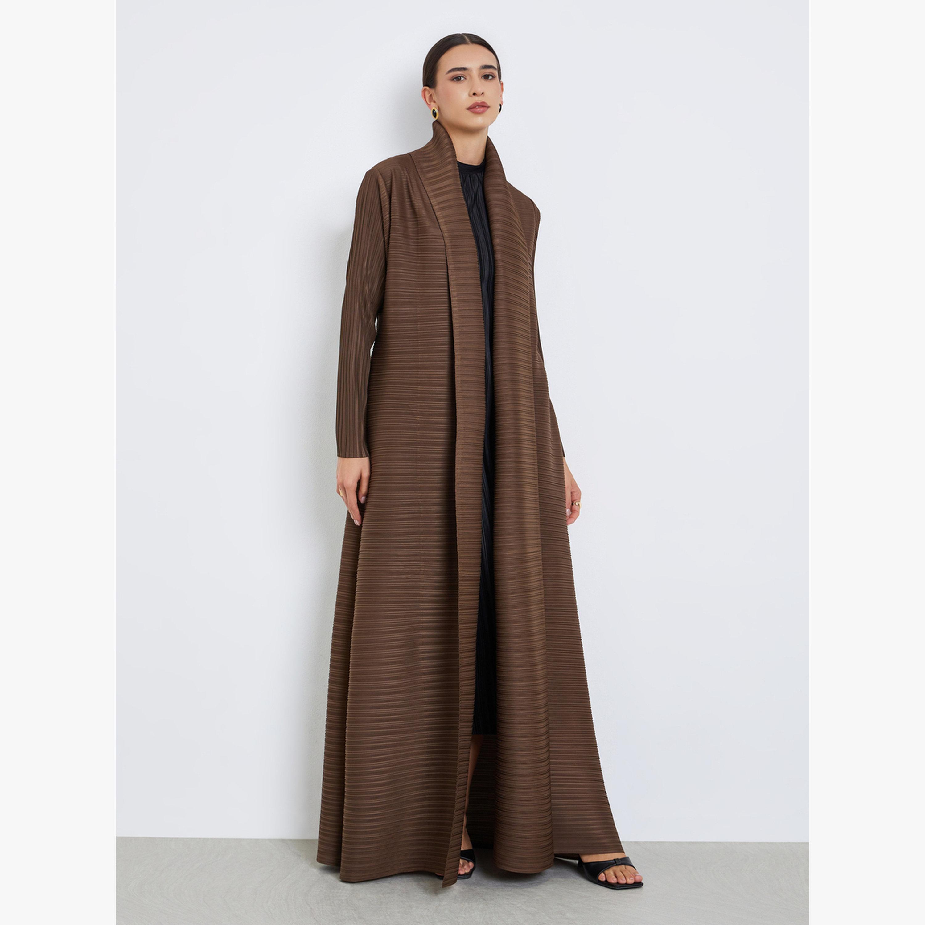Take Two Solid Textured Pleated Long Sleeve Abaya-women-arabicclothing-abayas-image-1
