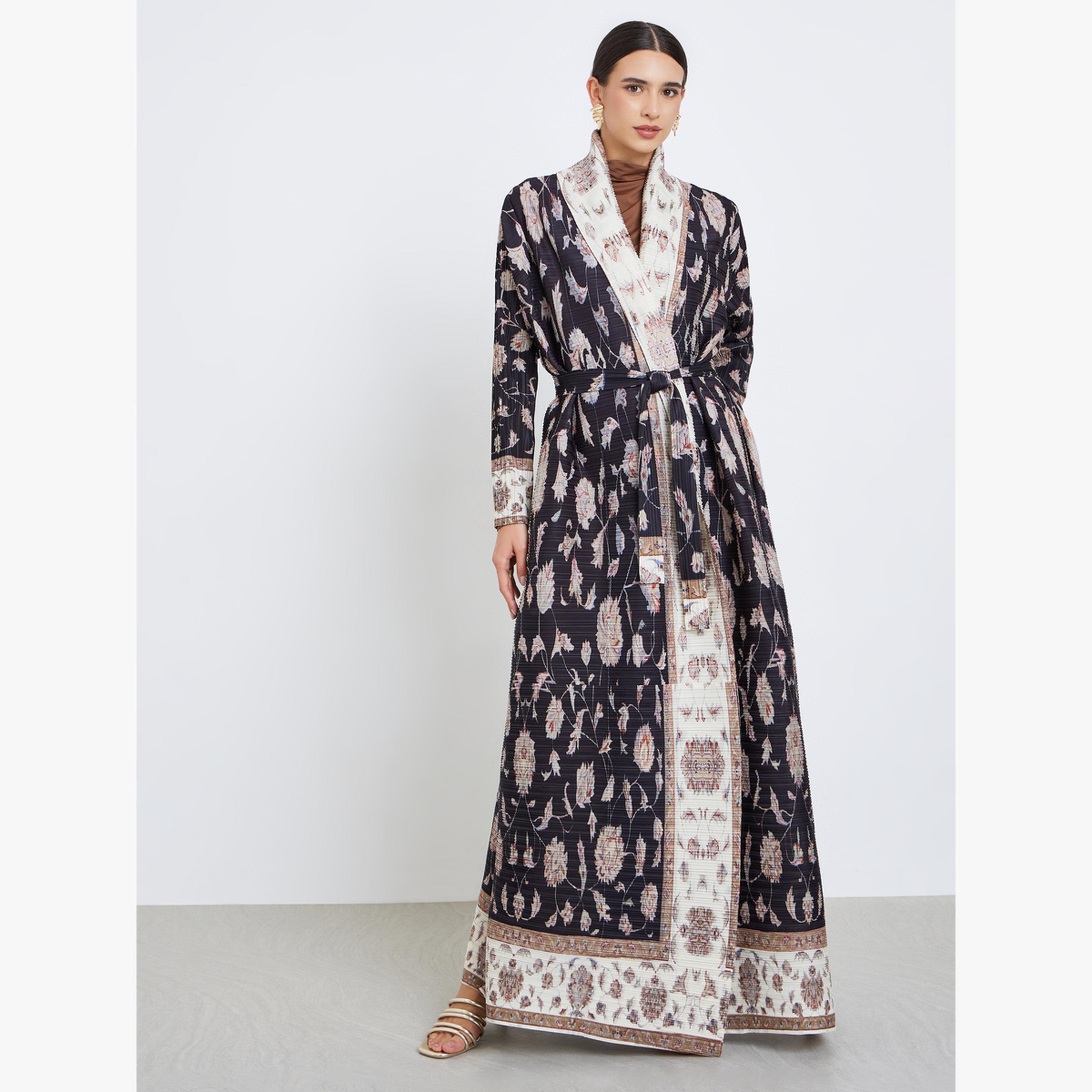 عباية محبوكة بكسرات بطبعة كاملة وأكمام طويلة-women-arabicclothing-abayas-image-2