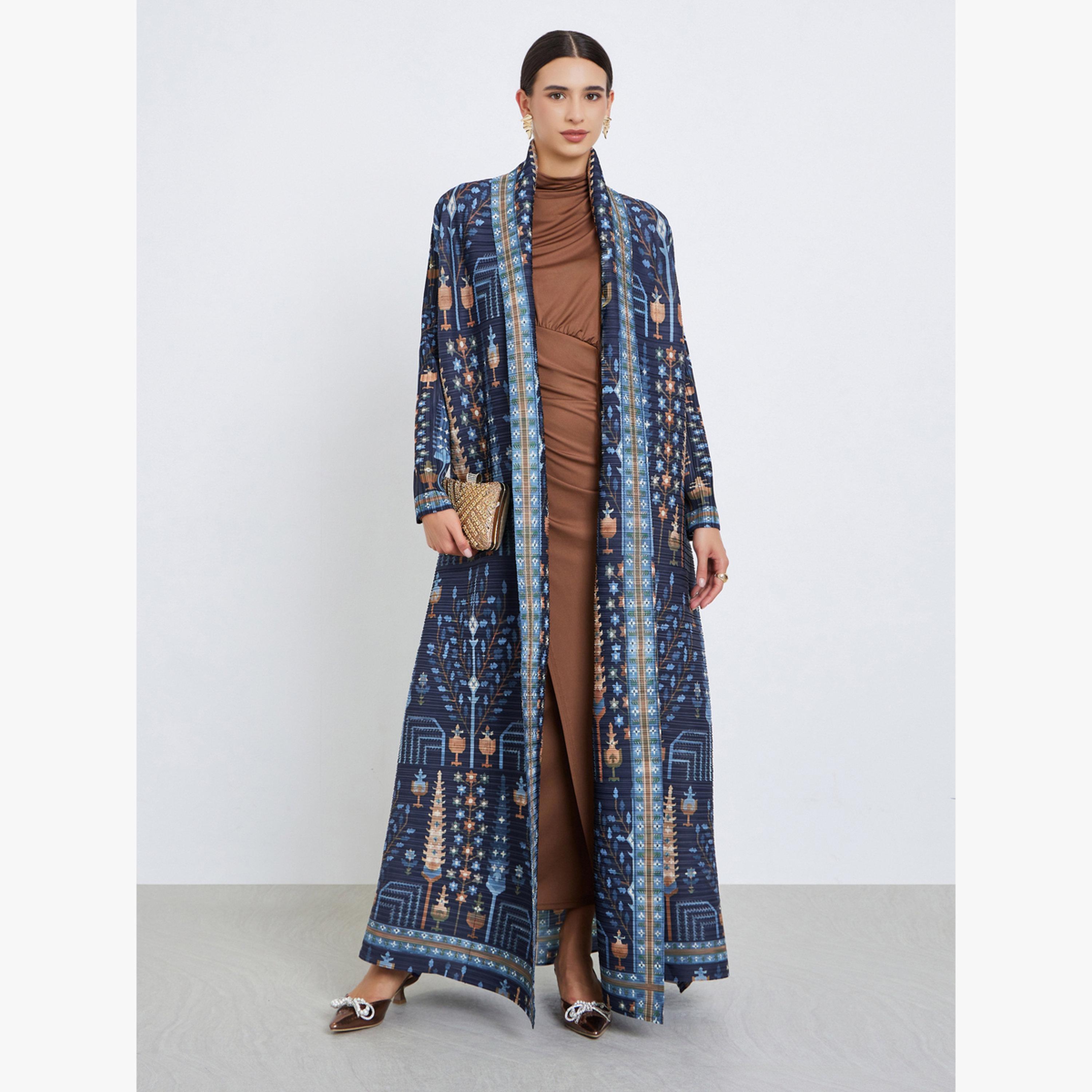 Take Two All-Over Printed Textured Pleated Long Sleeve Abaya-women-arabicclothing-abayas-image-1
