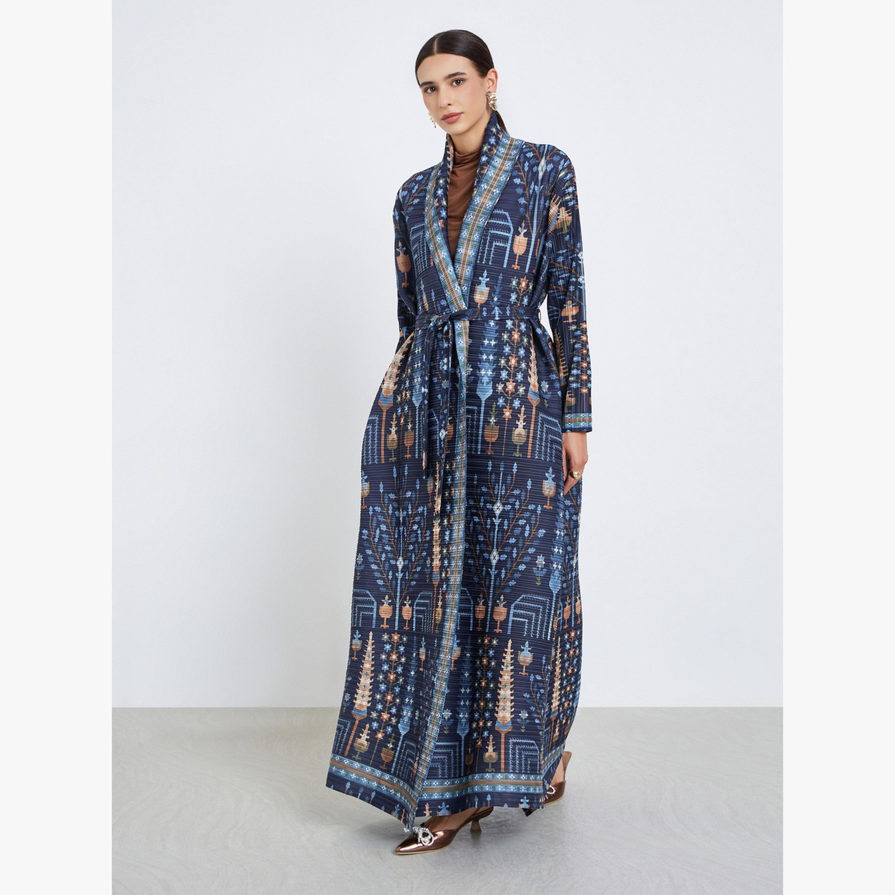 عباية محبوكة بكسرات بطبعة كاملة وأكمام طويلة-women-arabicclothing-abayas-image-2