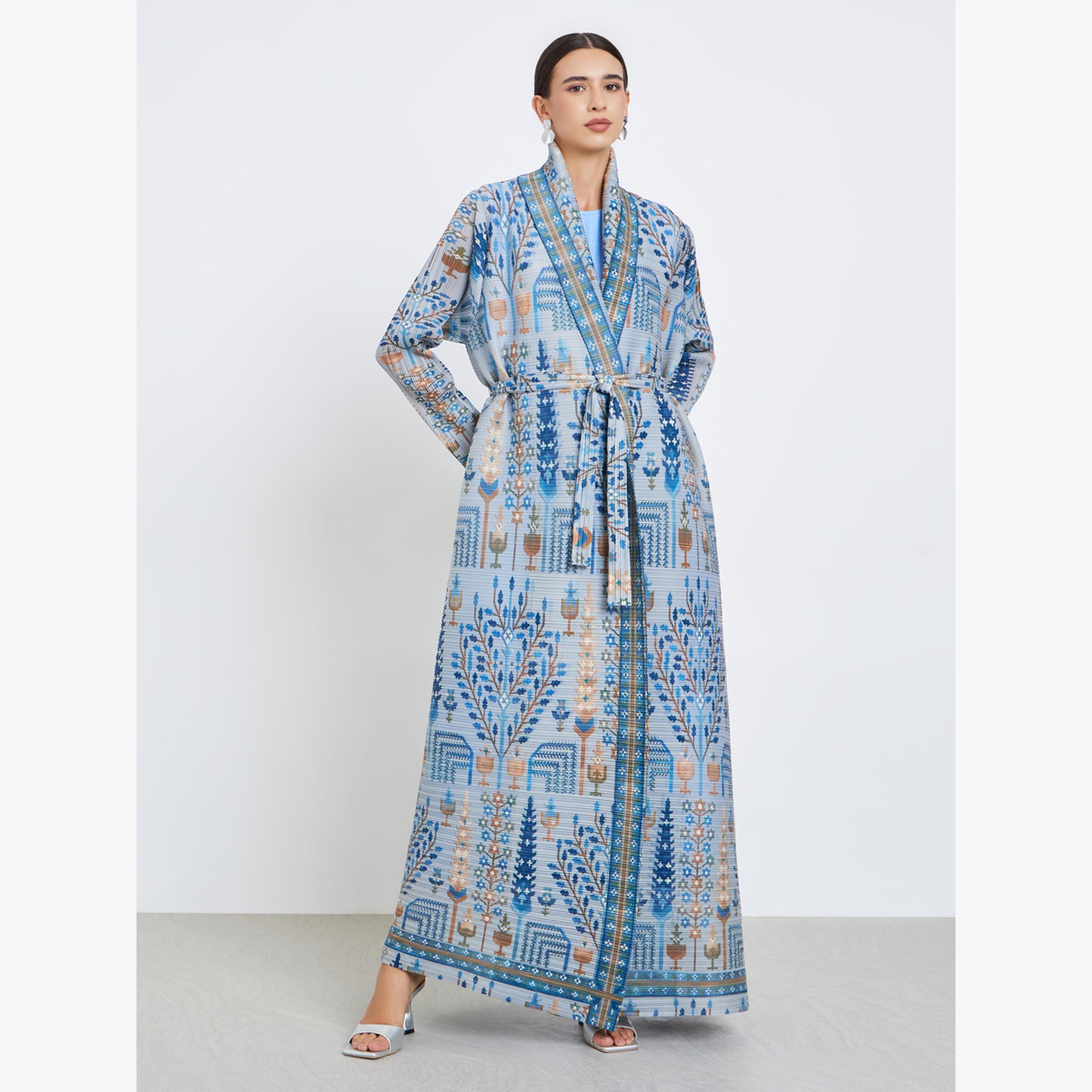 Take Two All-Over Printed Textured Pleated Long Sleeve Abaya-women-arabicclothing-abayas-image-1