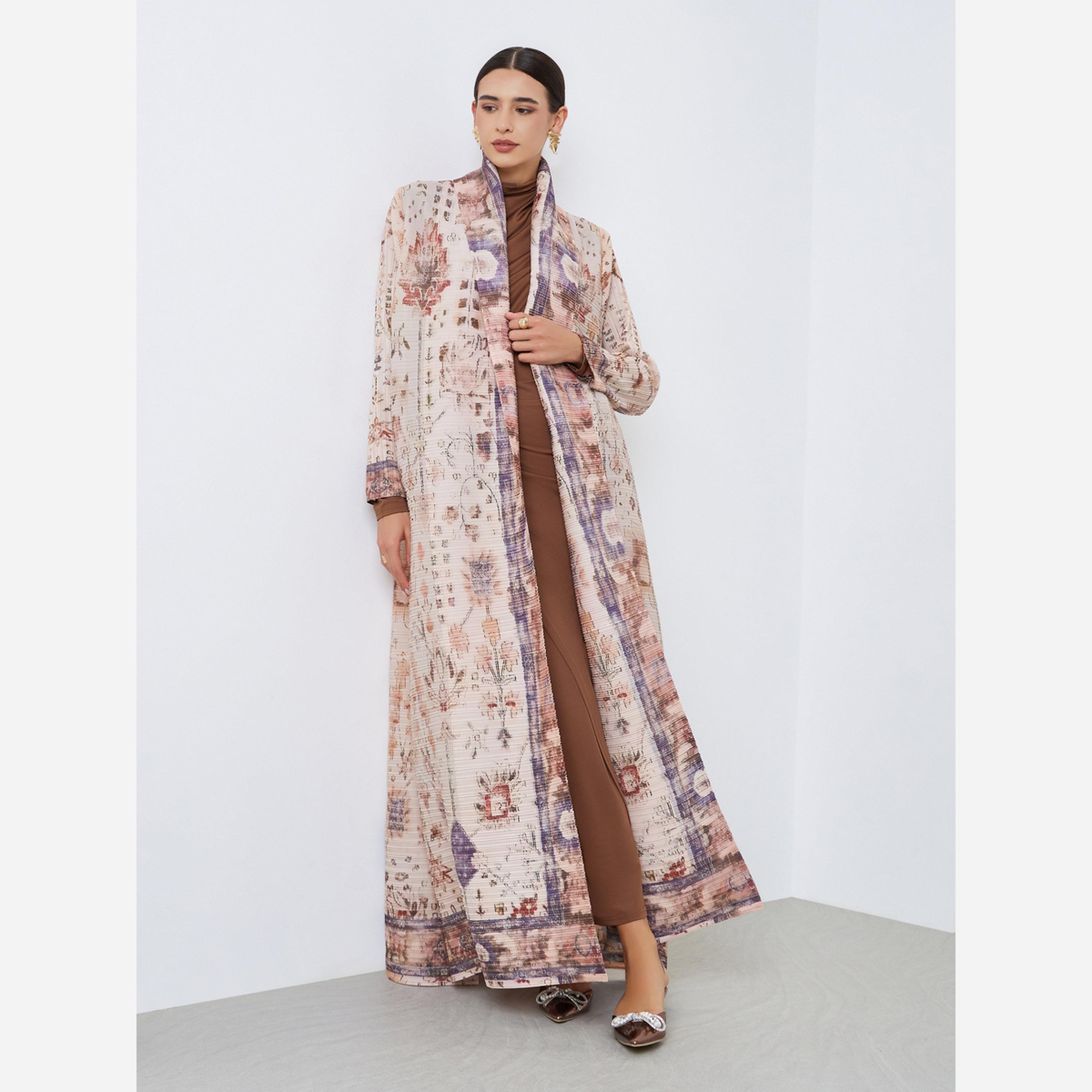 Take Two All-Over Printed Textured Pleated Long Sleeve Abaya-women-arabicclothing-abayas-image-1