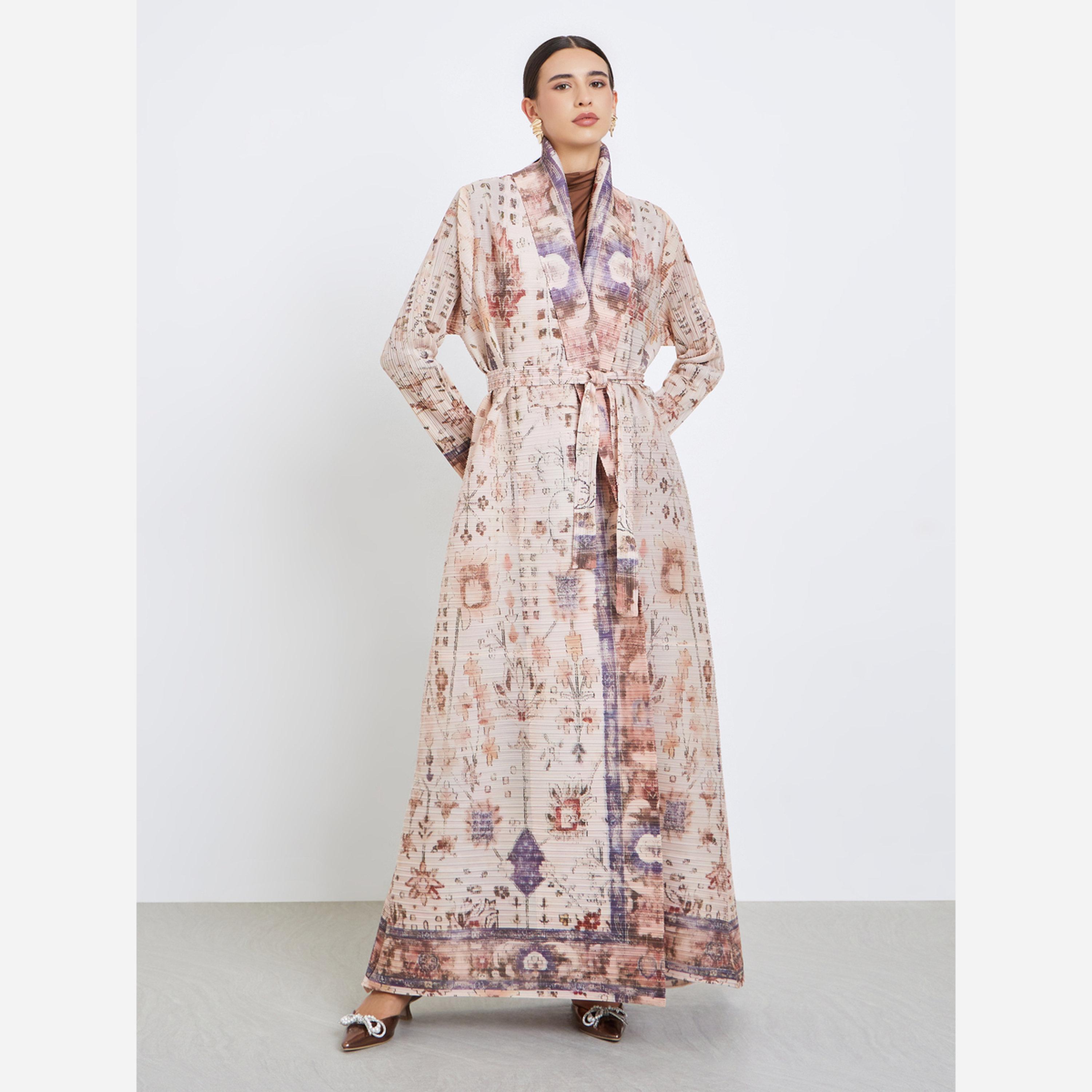 Take Two All-Over Printed Textured Pleated Long Sleeve Abaya-women-arabicclothing-abayas-image-2
