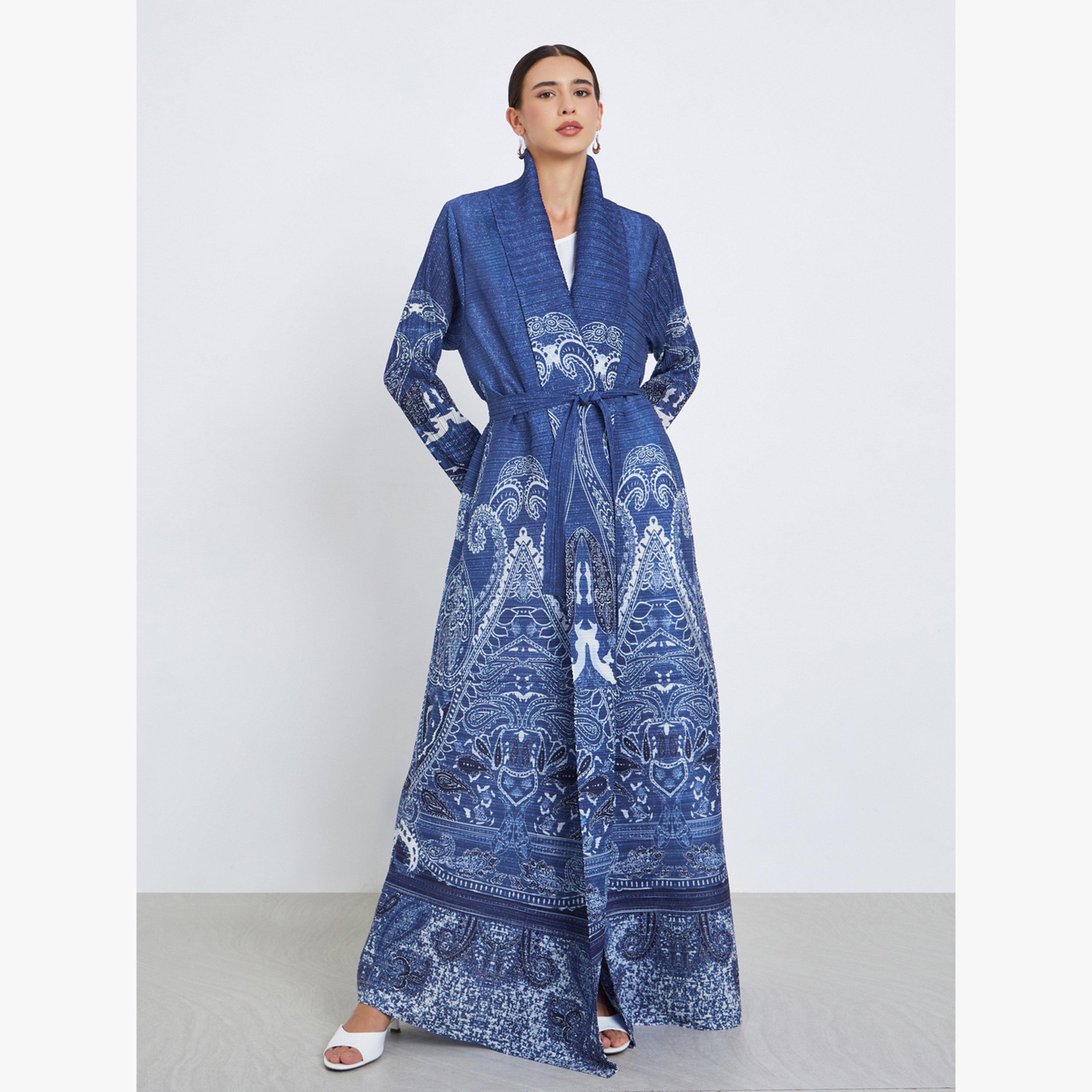 Take Two All-Over Printed Textured Pleated Long Sleeve Abaya-women-arabicclothing-abayas-image-2