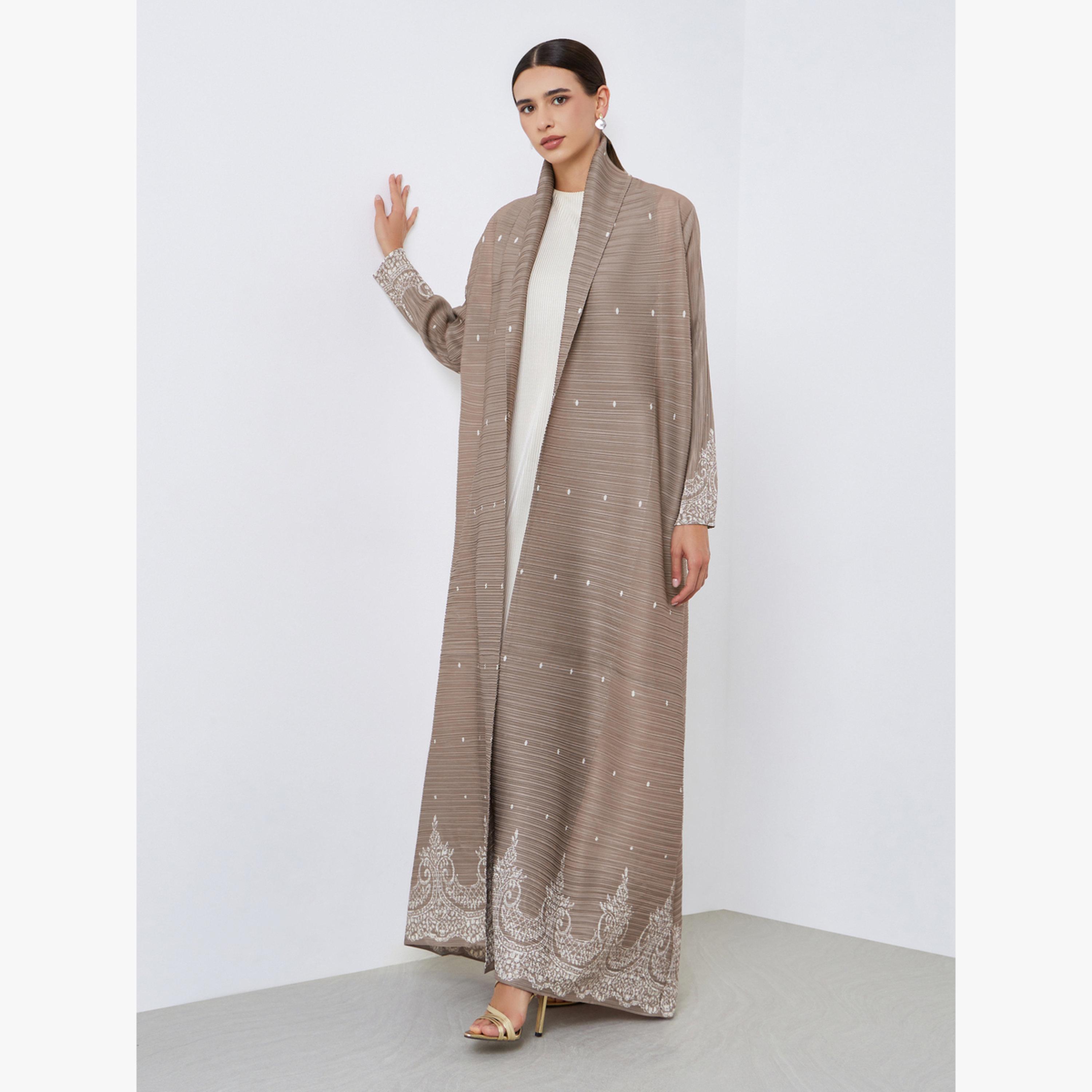 Take Two Floral Printed Textured Pleated Belted Long Sleeve Abaya-women-arabicclothing-abayas-image-1