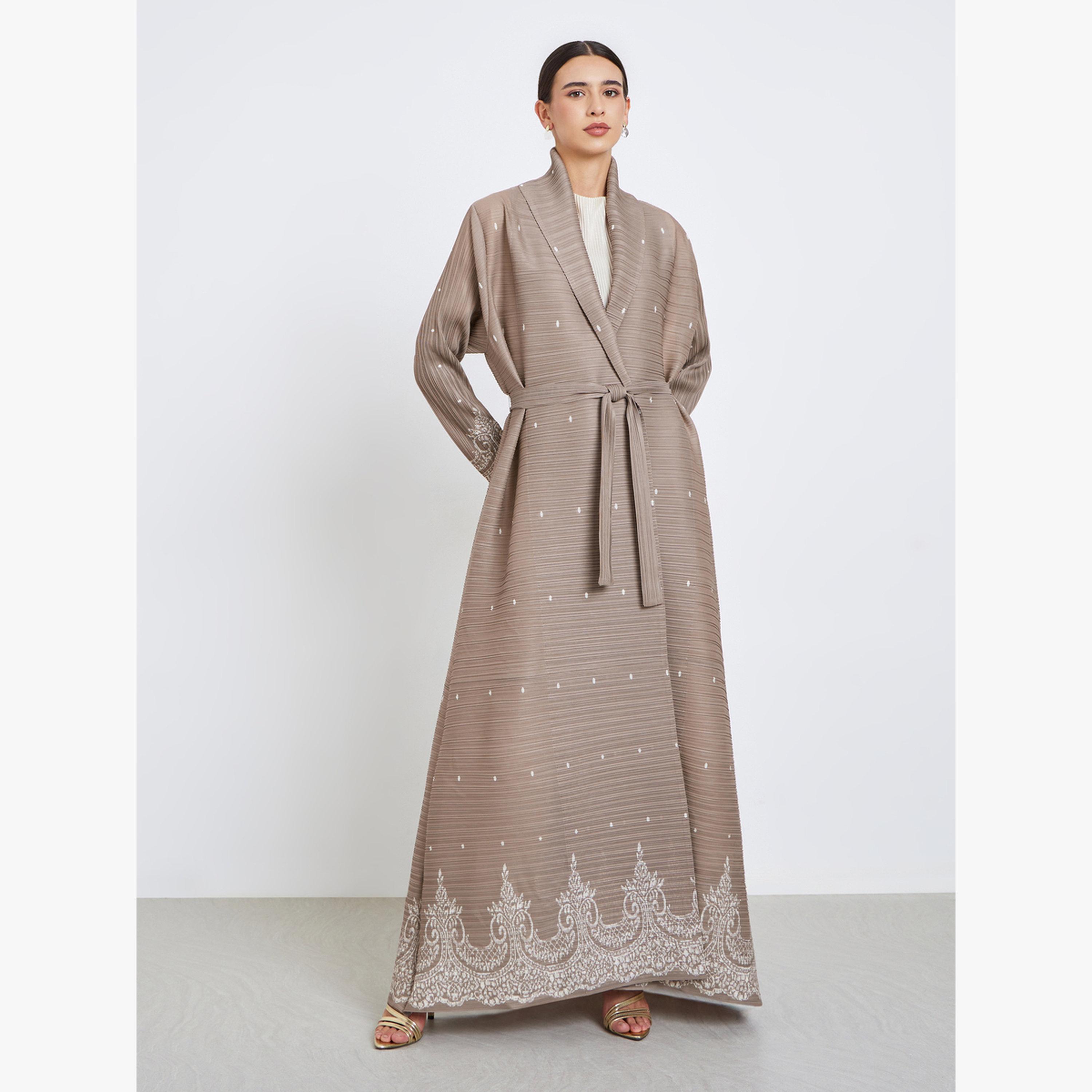 Take Two Floral Printed Textured Pleated Belted Long Sleeve Abaya-women-arabicclothing-abayas-image-2