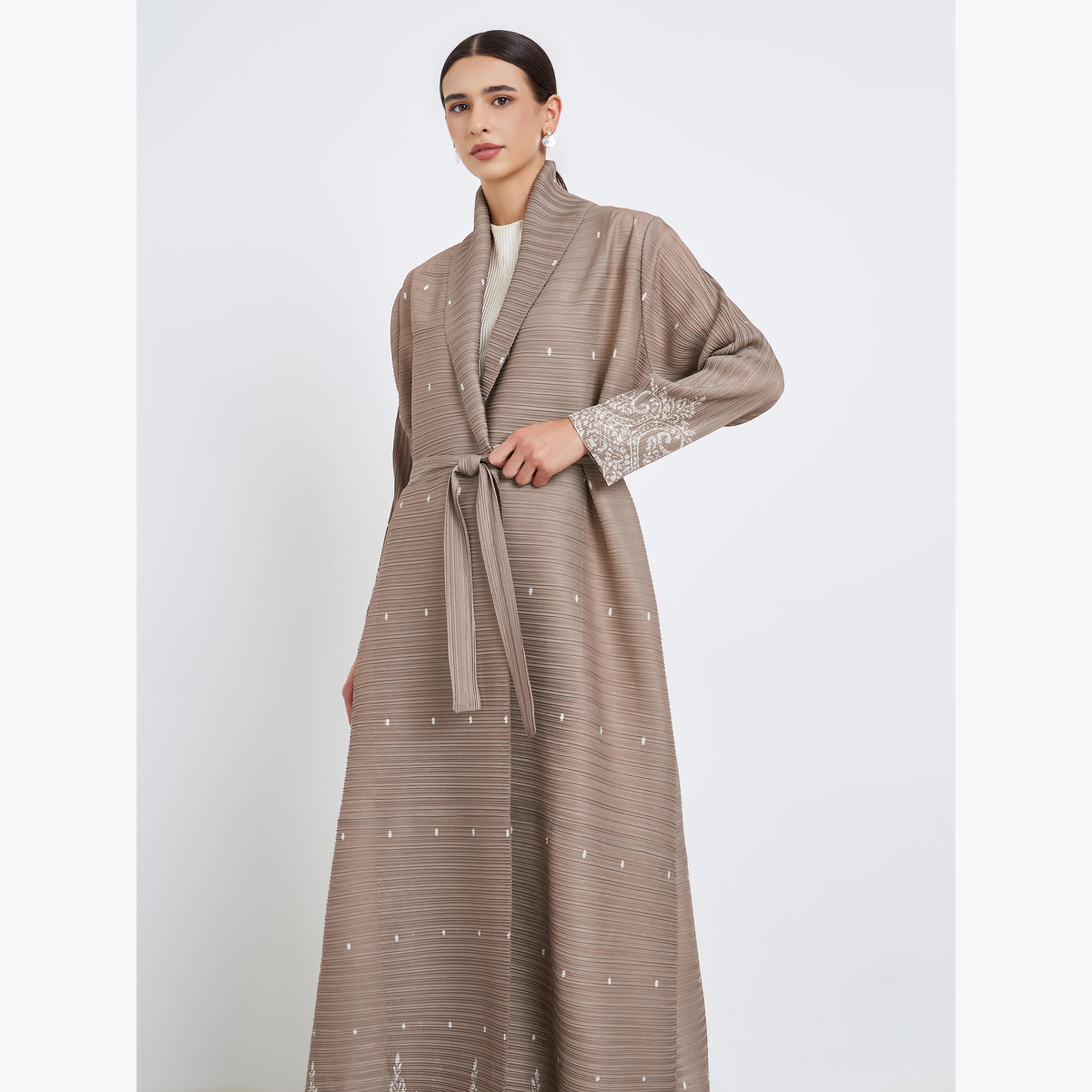 عباية محبوكة بكسرات بطبعة زهور وحزام وأكمام طويلة-women-arabicclothing-abayas-image-3