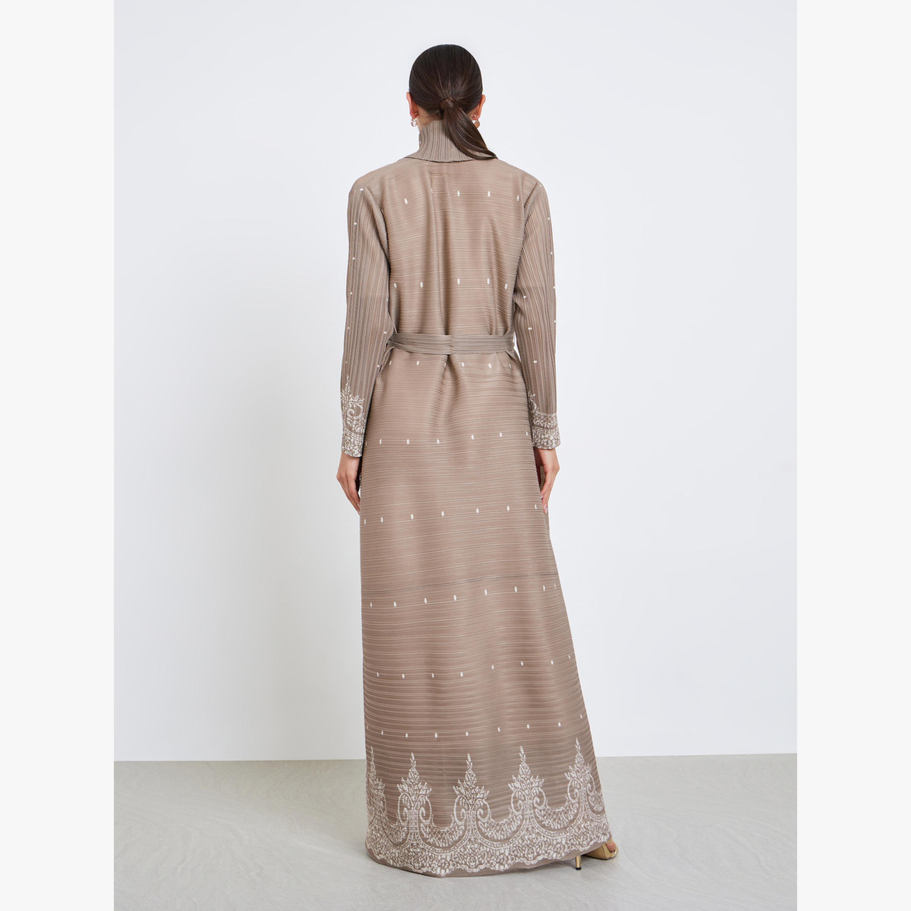 عباية محبوكة بكسرات بطبعة زهور وحزام وأكمام طويلة-women-arabicclothing-abayas-image-5