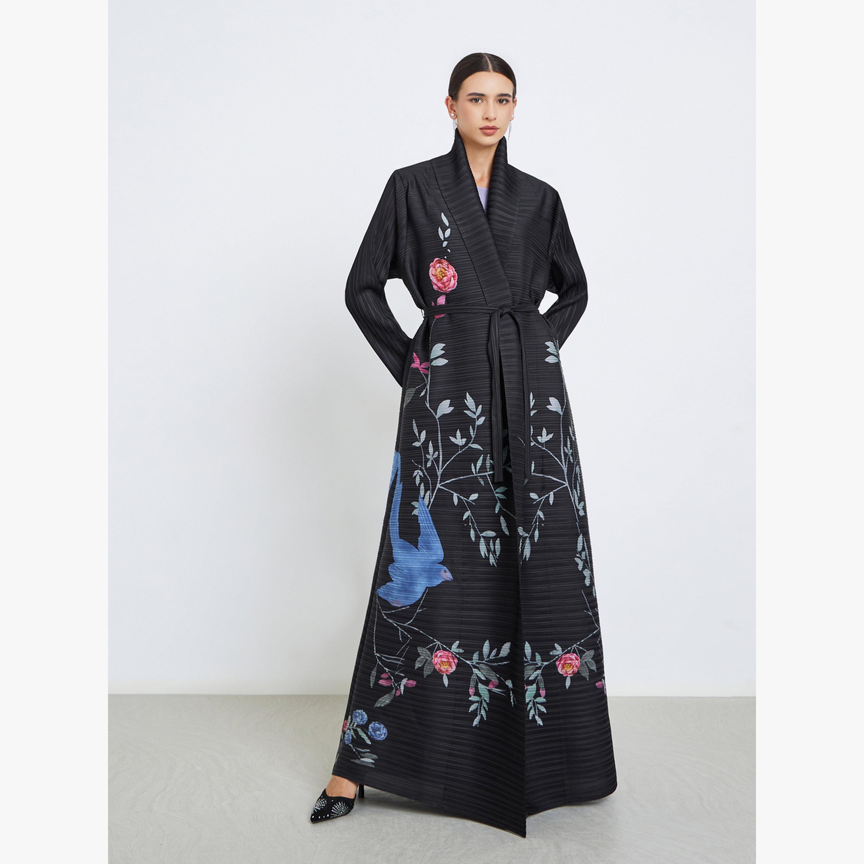 عباية محبوكة بكسرات بطبعة زهور وأكمام طويلة-women-arabicclothing-abayas-image-1