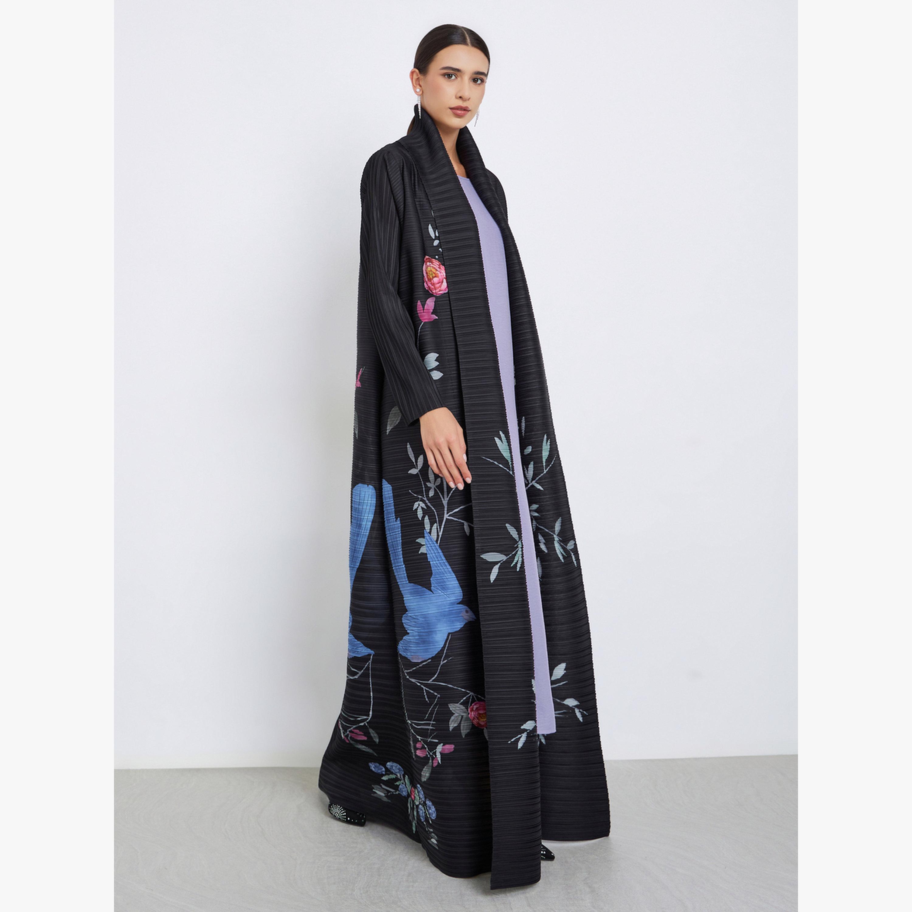 Take Two Floral Printed Textured Pleated Long Sleeve Abaya-women-arabicclothing-abayas-image-2