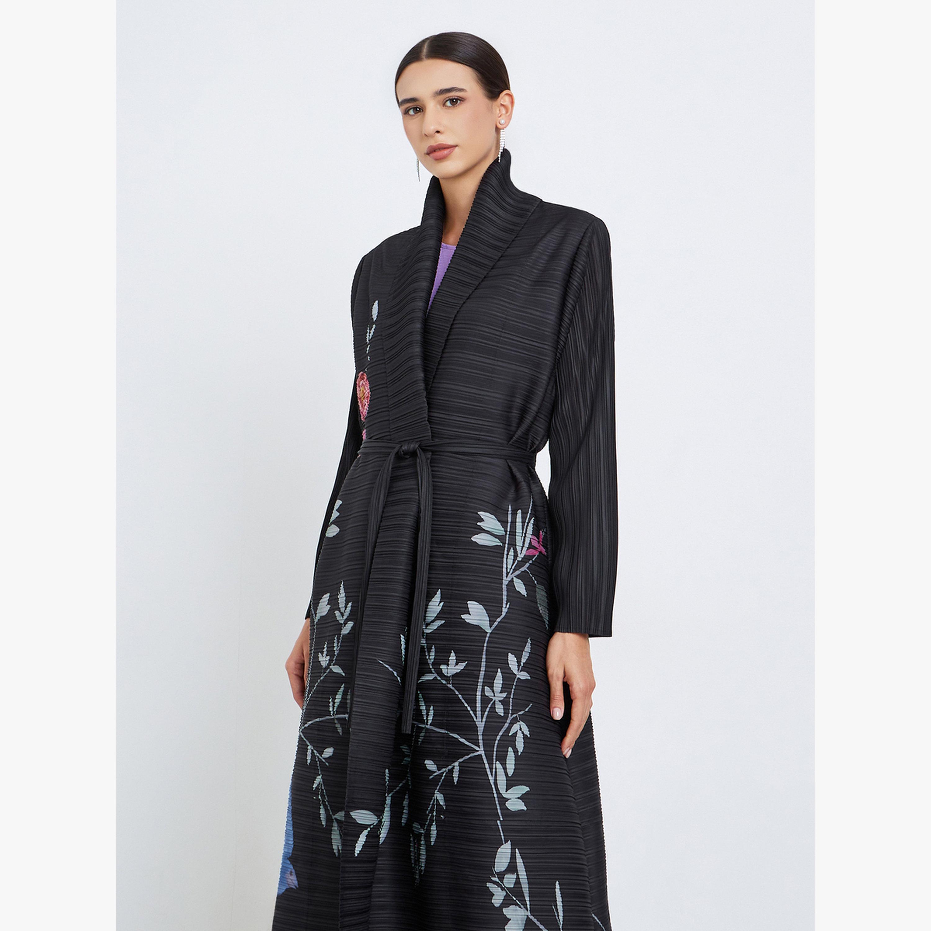 Take Two Floral Printed Textured Pleated Long Sleeve Abaya-women-arabicclothing-abayas-image-3