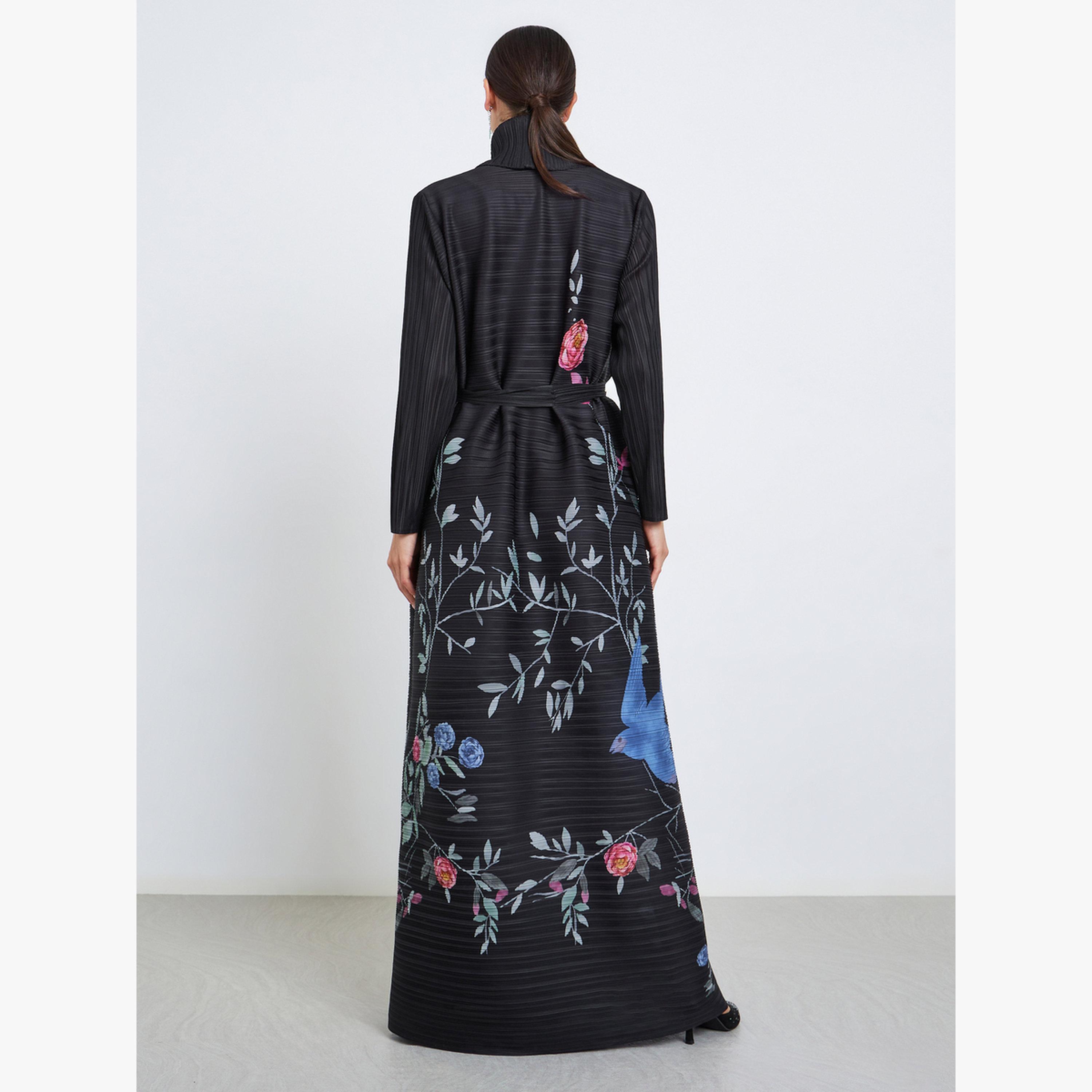 عباية محبوكة بكسرات بطبعة زهور وأكمام طويلة-women-arabicclothing-abayas-image-5