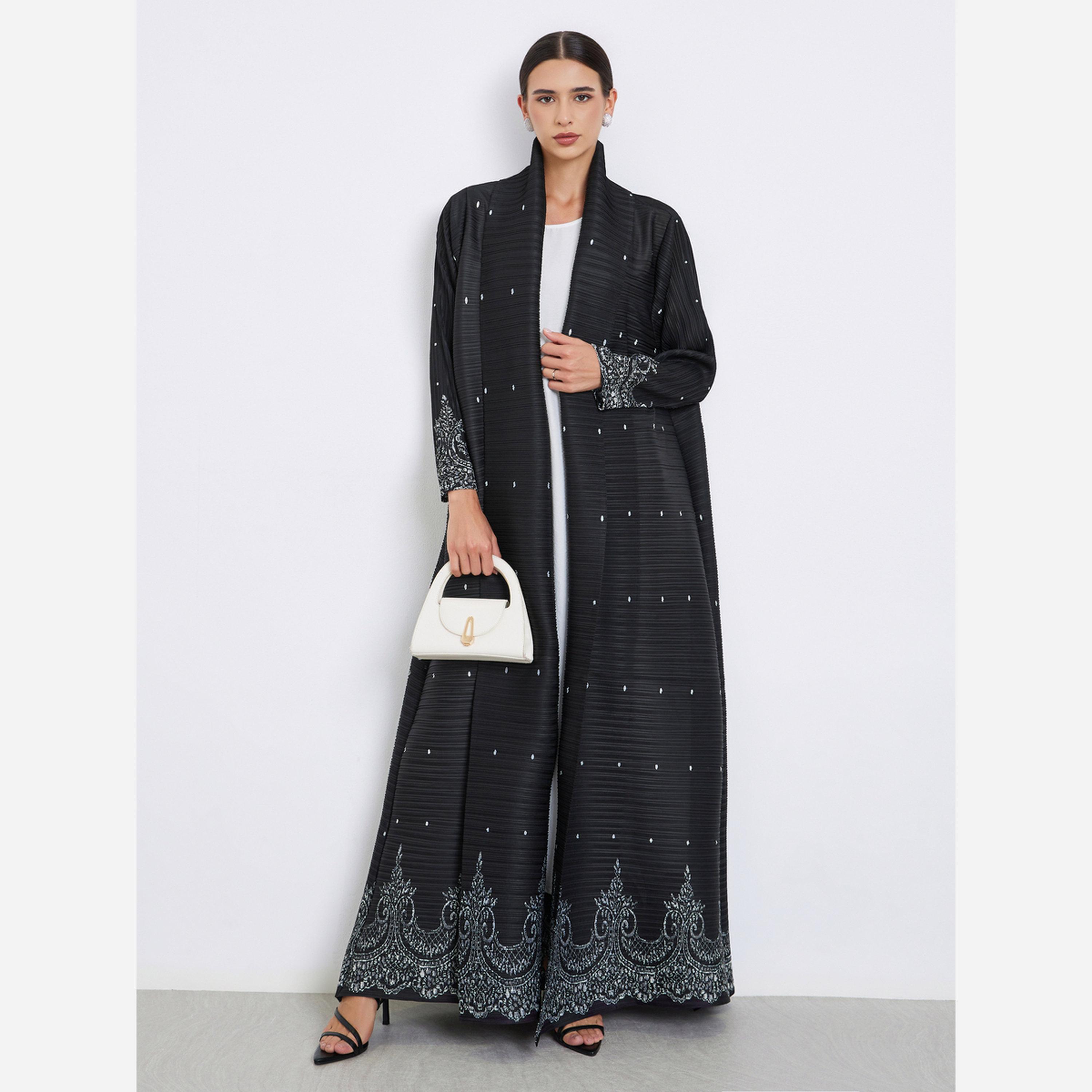 Take Two Floral Printed Textured Pleated Long Sleeve Abaya-women-arabicclothing-abayas-image-1