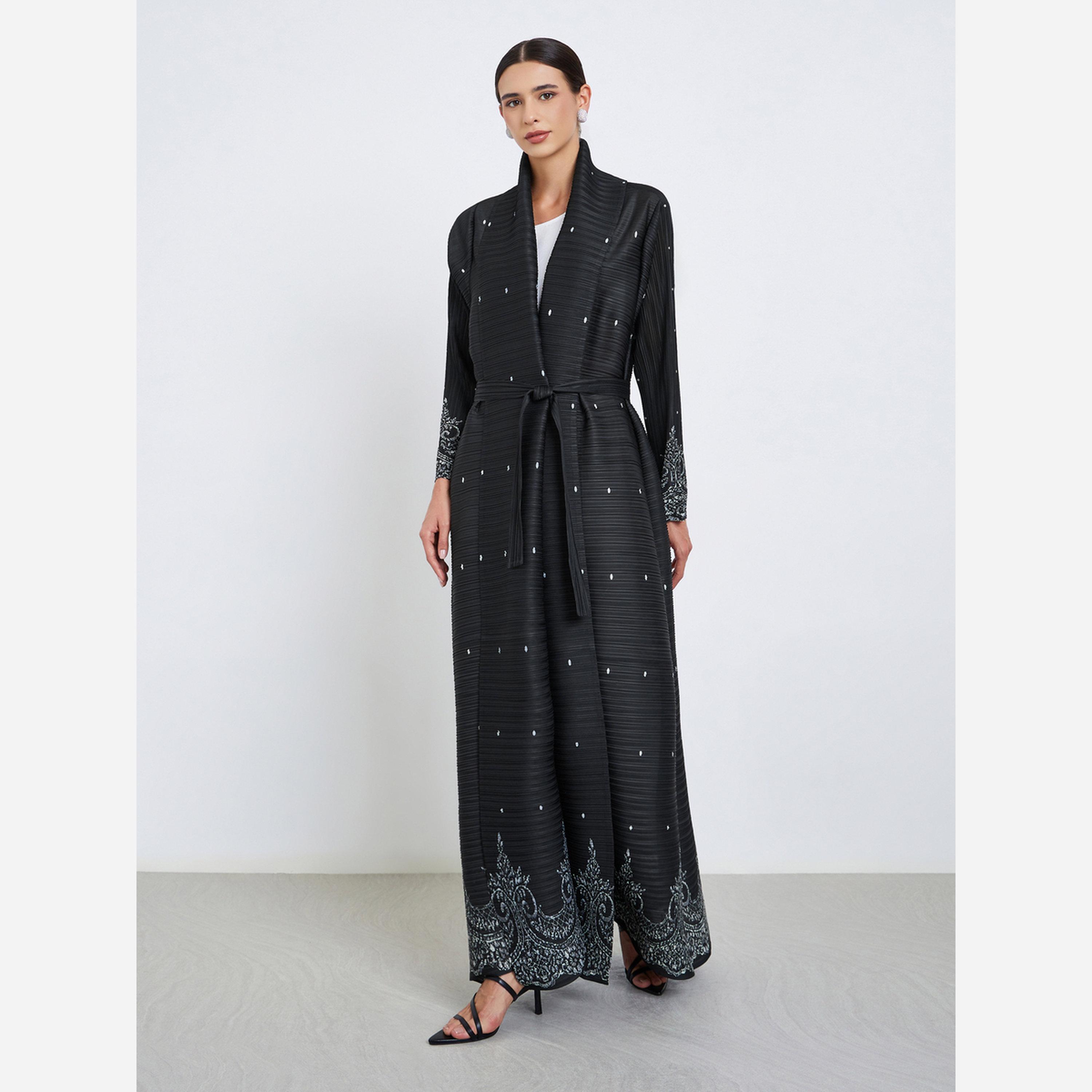 تيك تو - عباية أكمام طويلة طبعة زهور، ذات ملمس مميز وثنيات بارزة.-women-arabicclothing-abayas-image-2