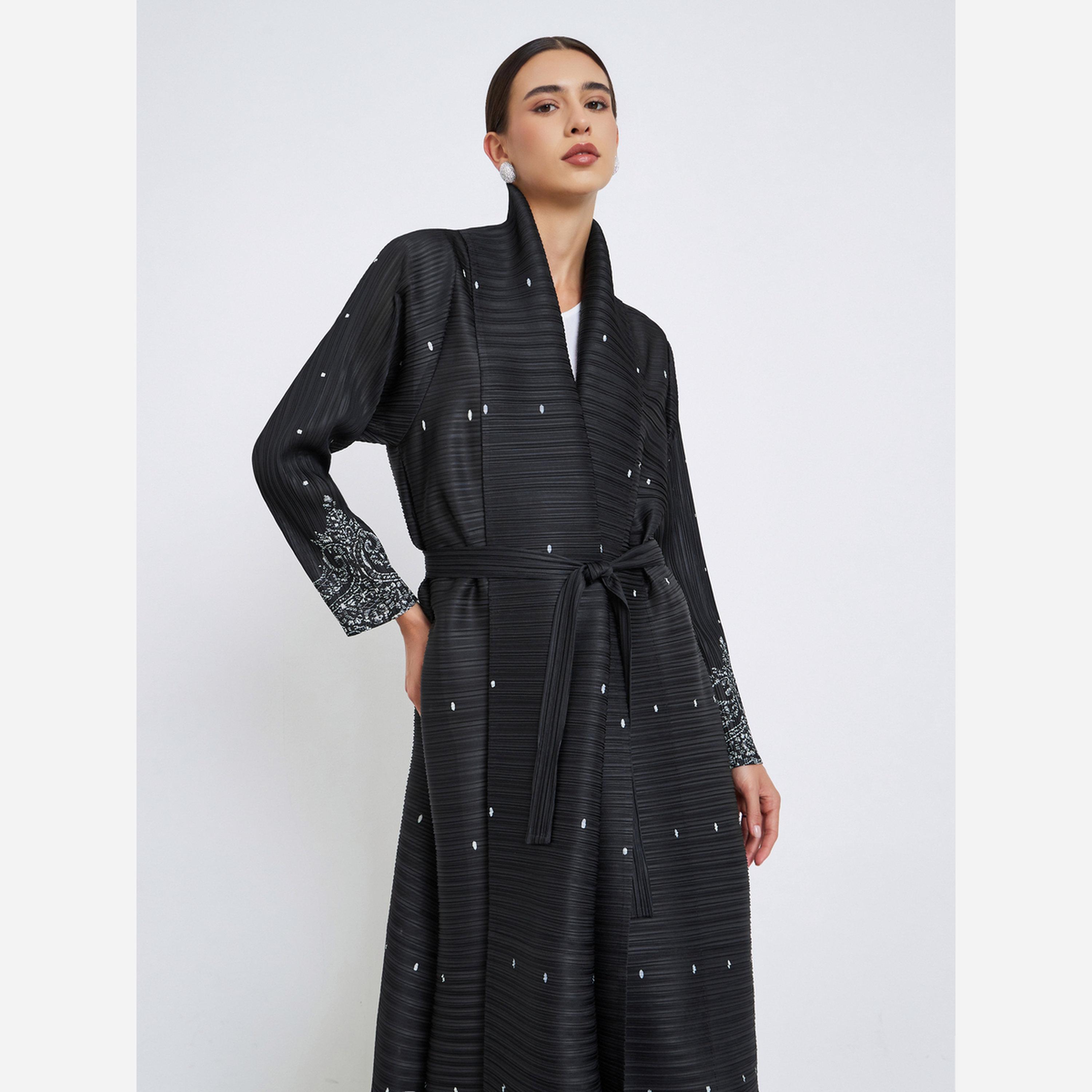 Take Two Floral Printed Textured Pleated Long Sleeve Abaya-women-arabicclothing-abayas-image-3