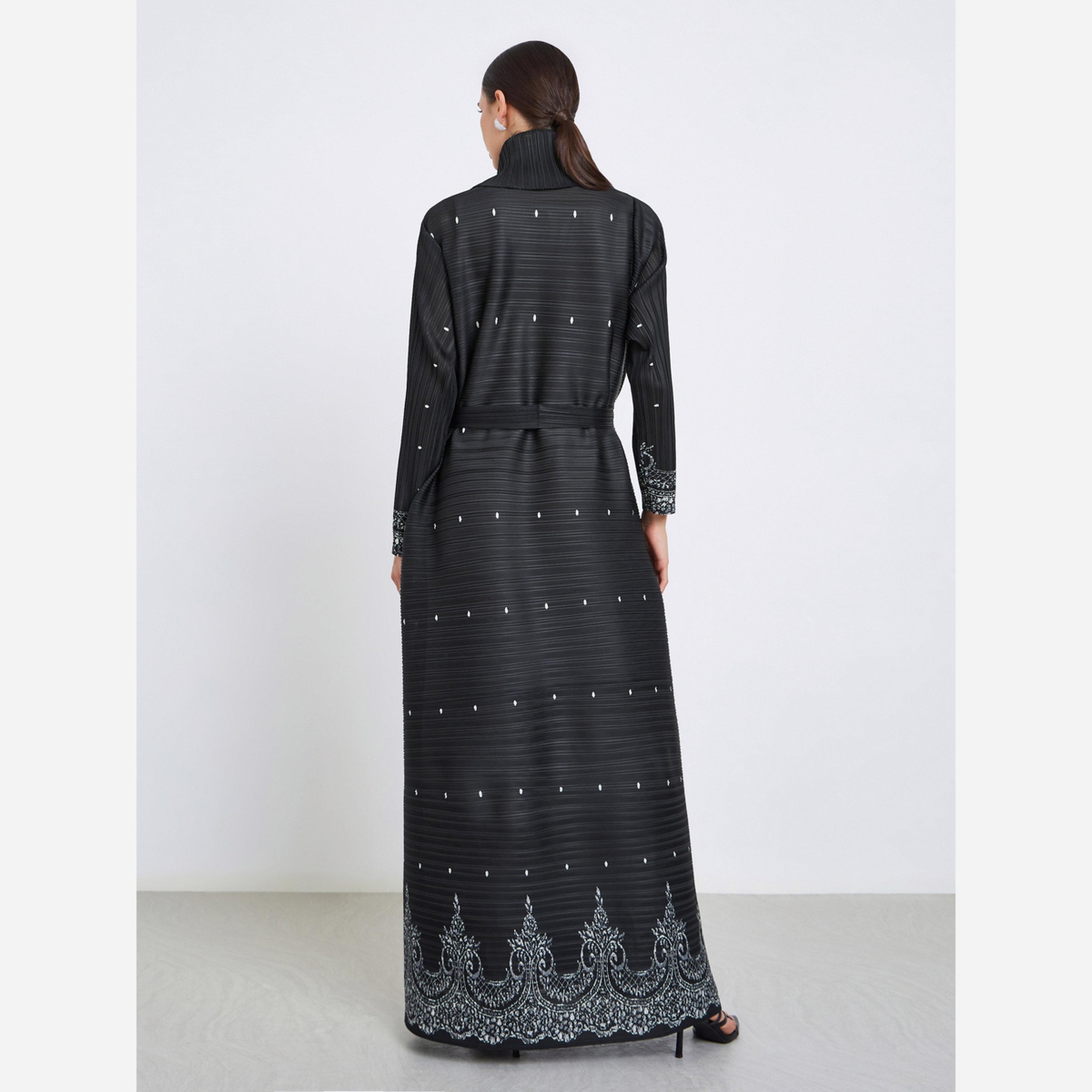 Take Two Floral Printed Textured Pleated Long Sleeve Abaya-women-arabicclothing-abayas-image-4