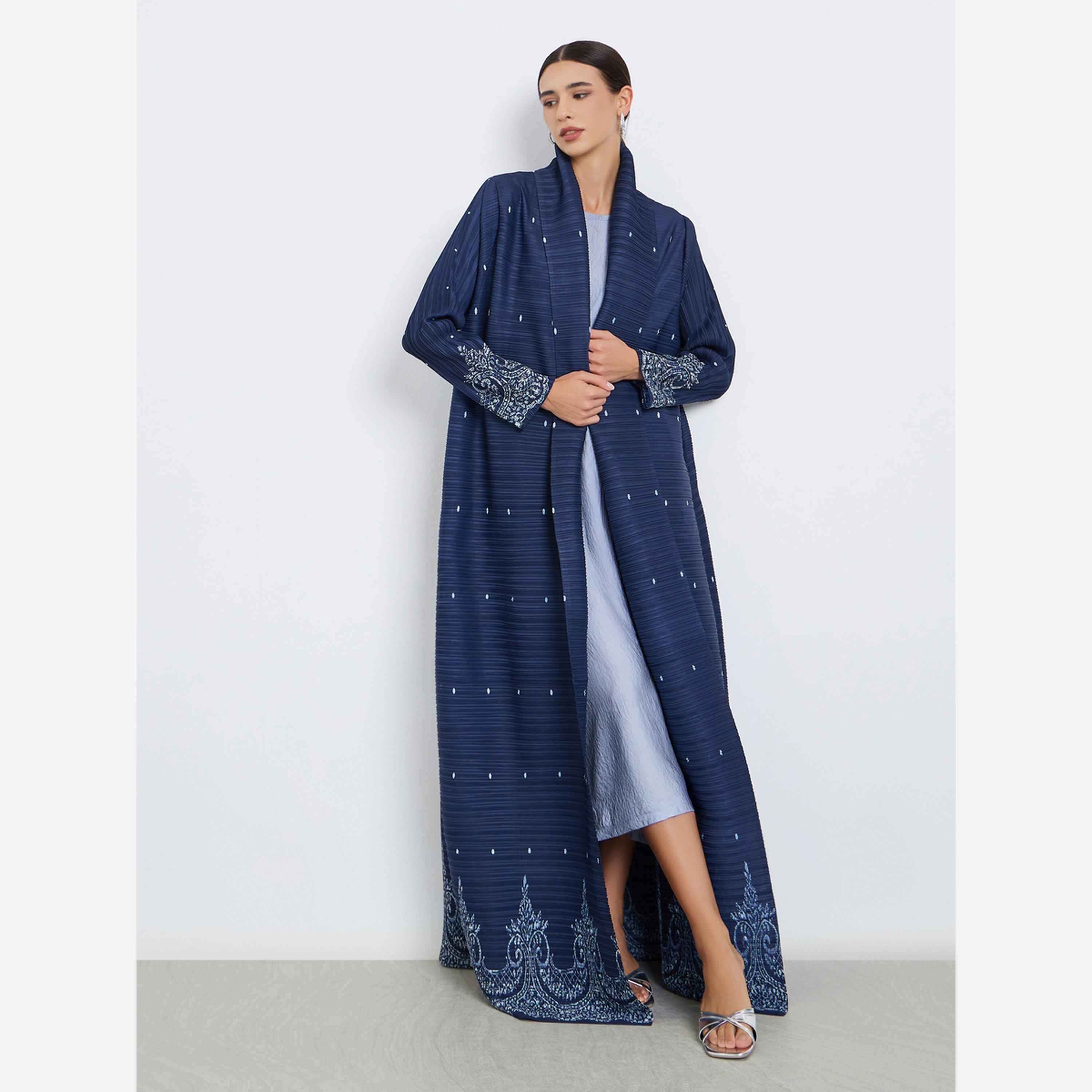 Take Two Floral Printed Textured Pleated Long Sleeve Abaya-women-arabicclothing-abayas-image-1